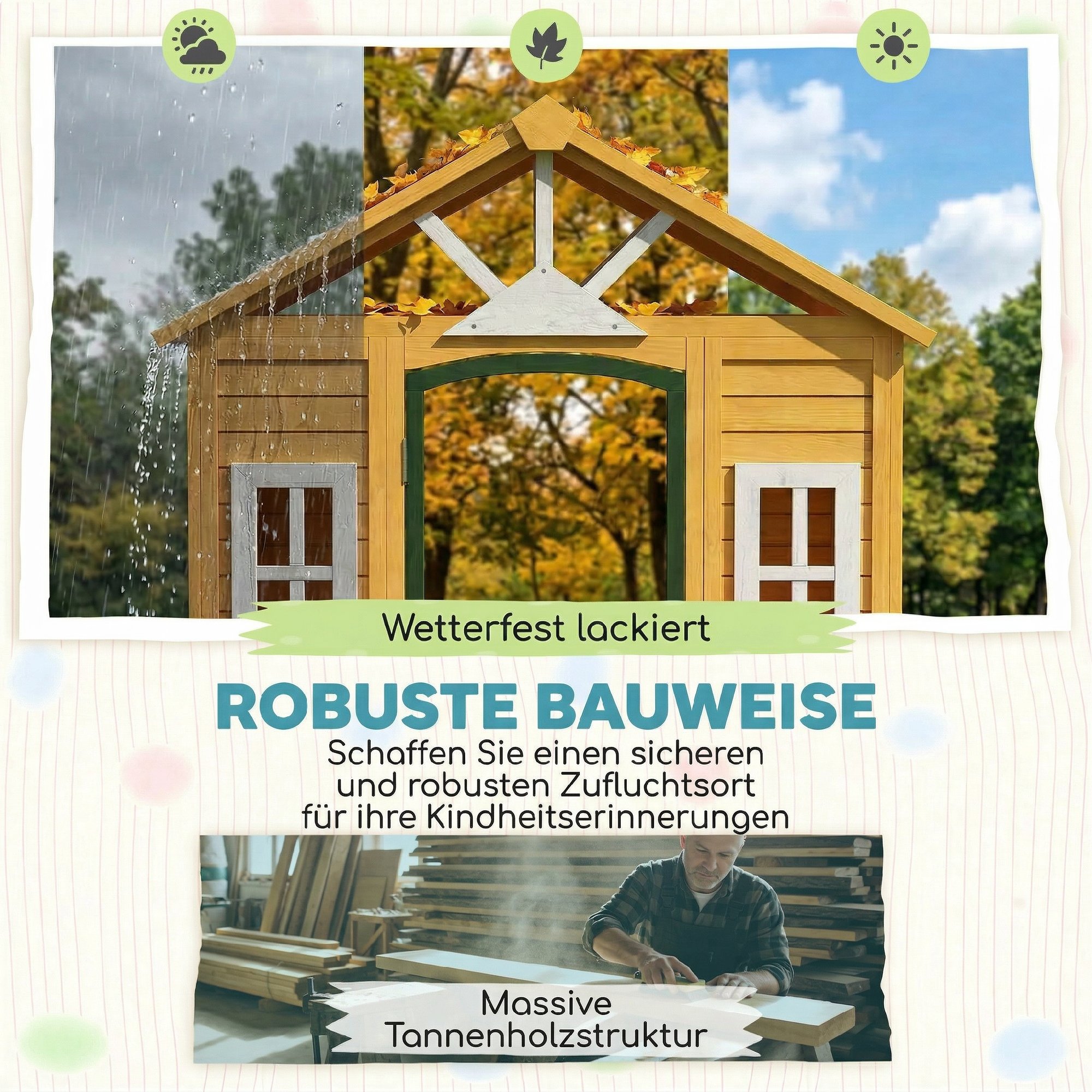 Kinderspielhaus Holz Spielhaus Outdoor mit Tür 3 Fenster 2 Blumenkästen für 3-8 Jahre Kinder 134,5 x 97 x 150 cm Braun