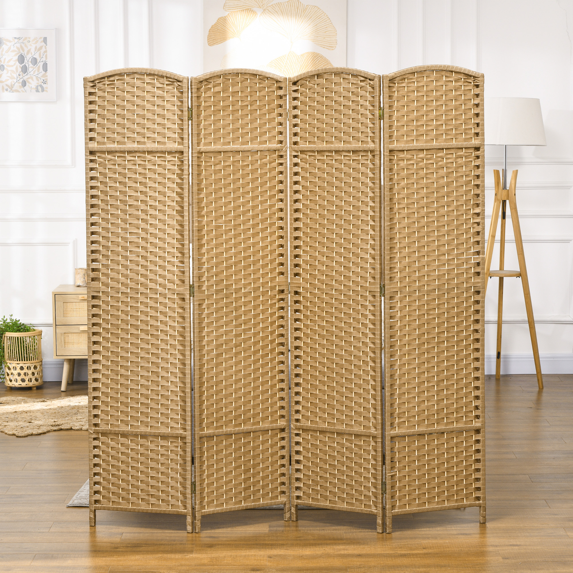 4-teiliger Raumtrenner, Faltbarer Sichtschutz, Sichtschutzwand für Wohnzimmer, Schlafzimmer, Homeoffice, Natur