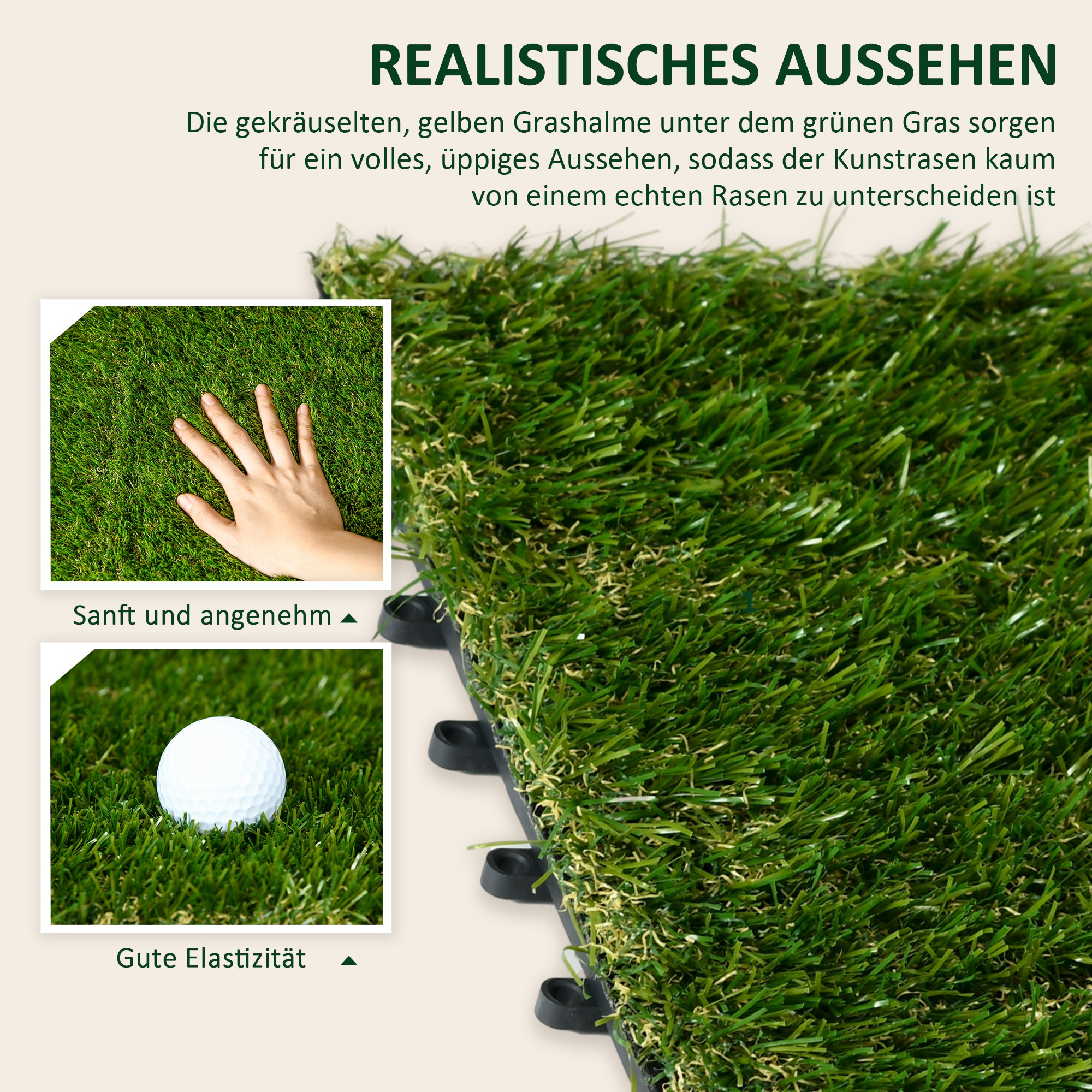 Kunstrasen, naturgetreu, Drainagefunktion, 11 K Fasern/m², 25mm Höhe, 10-er Set je 30x30cm, Grün