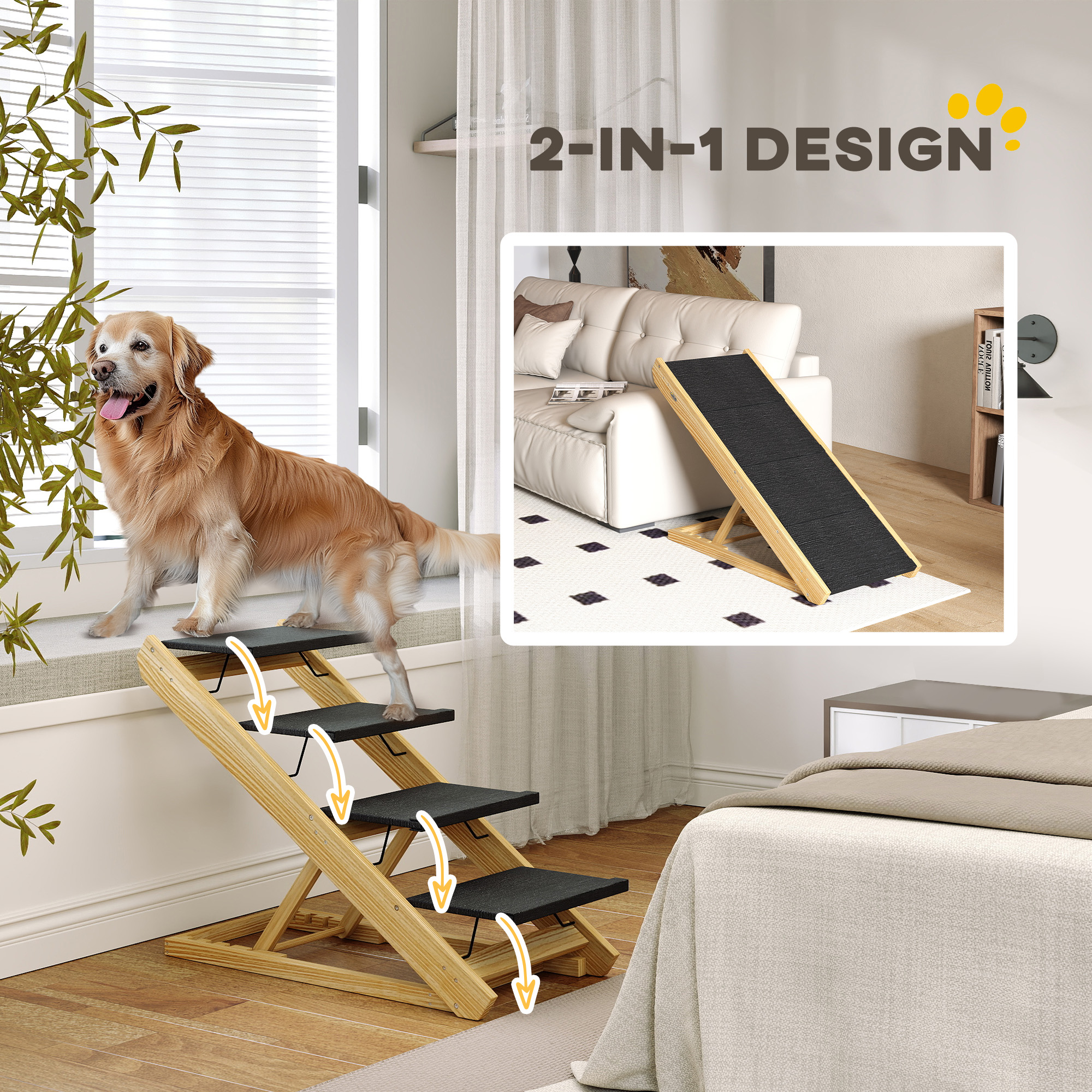 Hundetreppe, Hunderampe, höhenverstellbar, rutschfest, faltbar, 83x40x62,5 cm, Holz/Weiß