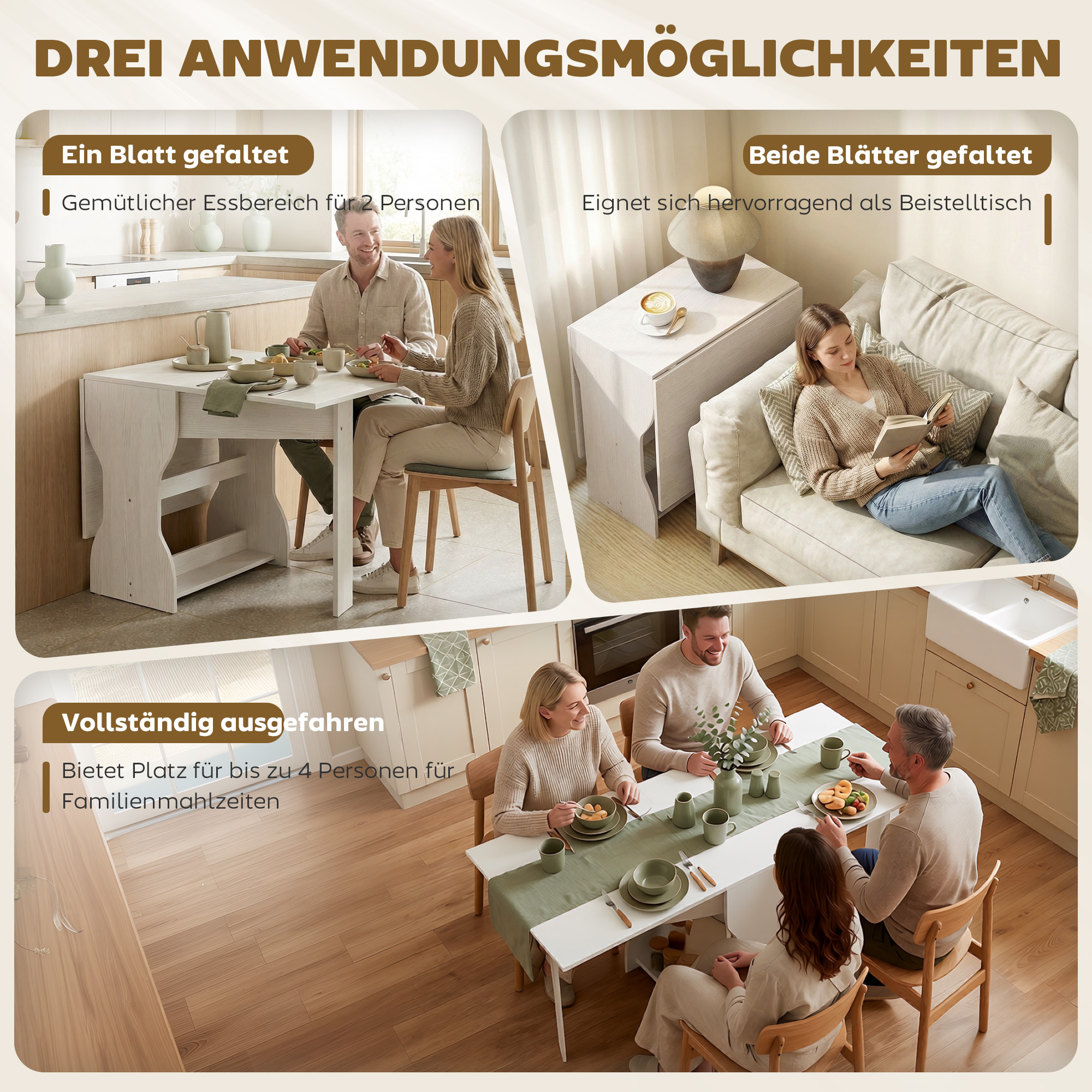 Esstisch Klappbar Küchentisch mit Stauraum für 2-4 Personen Klapptisch für Kleine Räume Esszimmer 160 x 60 x 75 cm Weiß