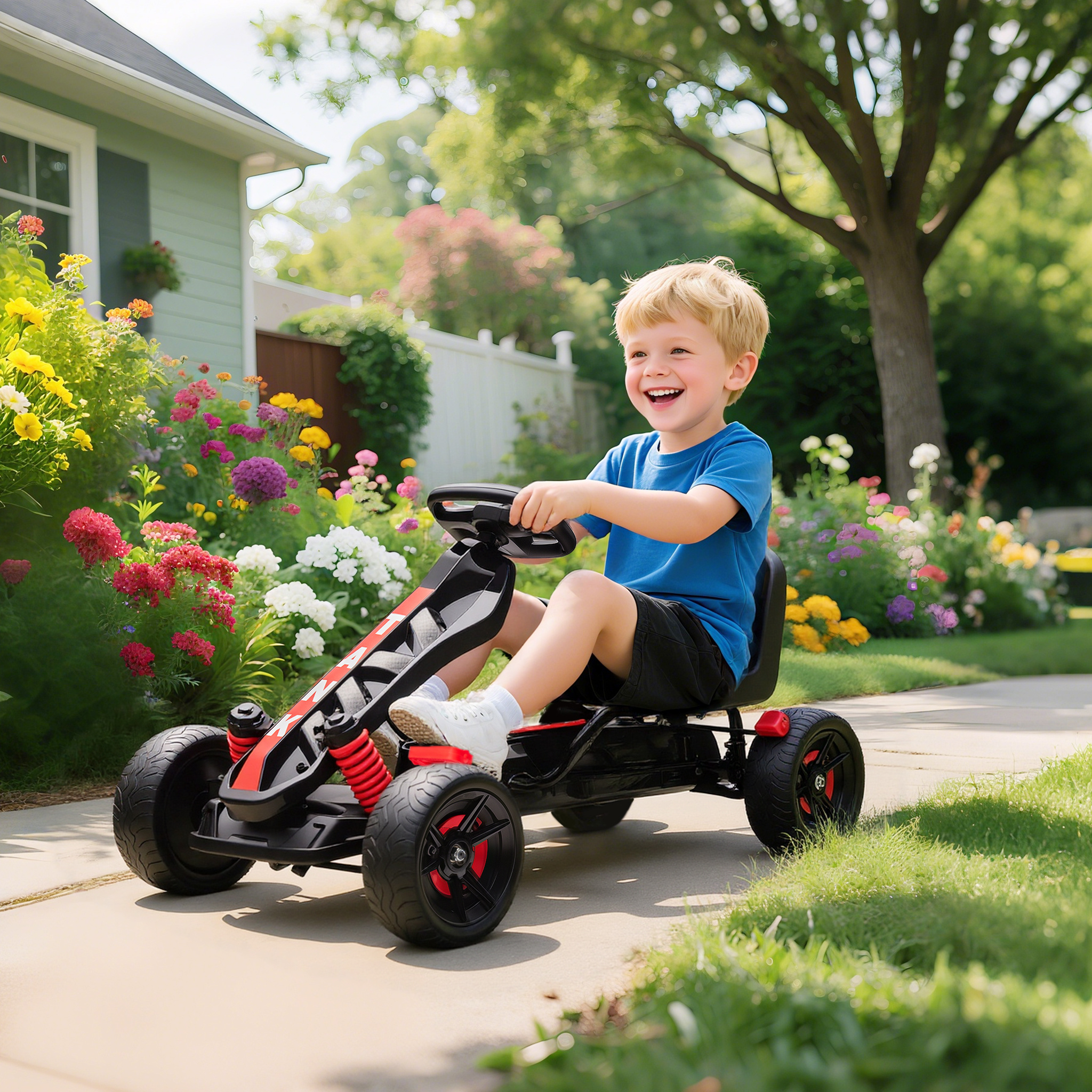 Gokart mit Pedalen, Tretauto für Kinder mit Bremse, rutschfeste Räder, Metallrahmen, 3-6 Jahre, Rot