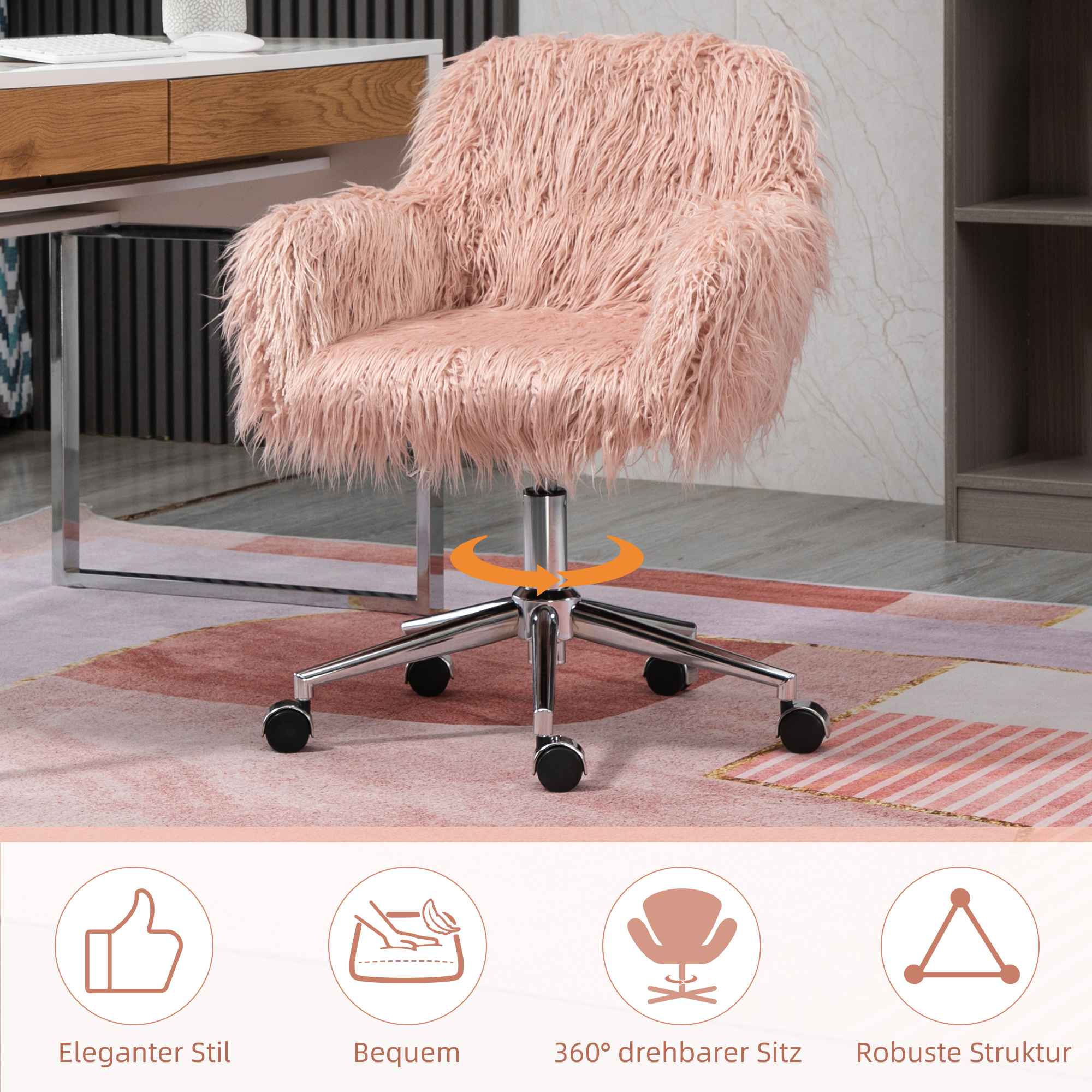 Chefsessel Drehstuhl Computerstuhl Schminkstuhl mit Kunstfell Sitzhöhenverstellung für Mädchen Kunstpelz Schaumstoff Rosa+Silber 57 x 60 x 75-85 cm