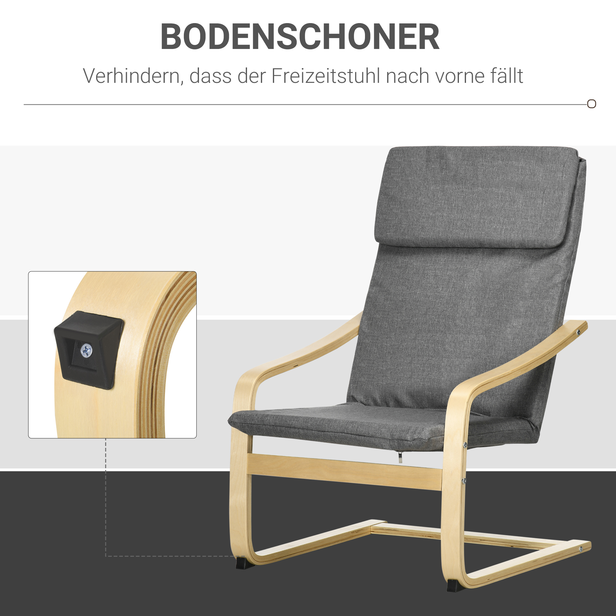 Sessel mit Kopfstütze und Armlehnen, Bezug in Leinenoptik, Holzgestell, Grau + Natur