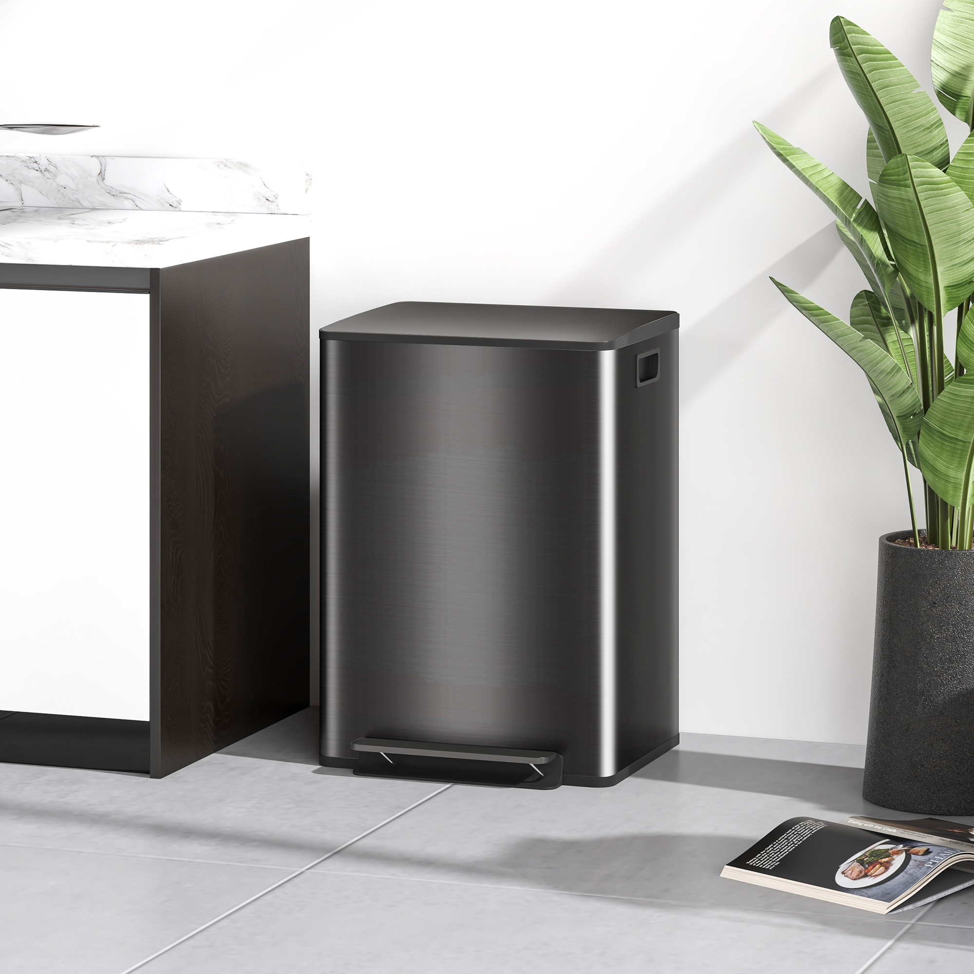 Mülleimer mit 2x30L Fächern, Soft-Close-Deckel, Fingerabdrucksicher, Edelstahl, Schwarz