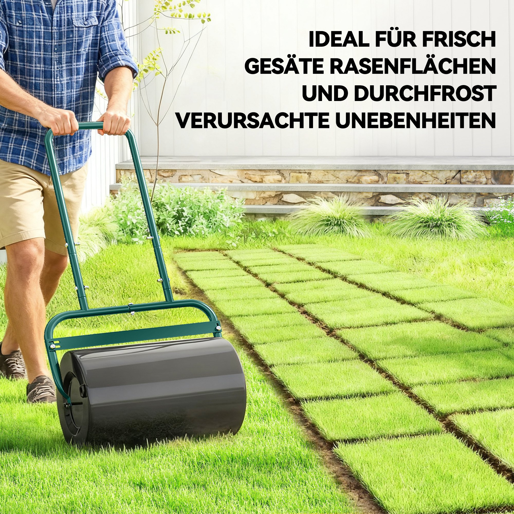 Handliche Rasenwalze, Praktische Rasenrolle, Graswalze, Gartenwalze, flexibel, Stahl, 58L x 32,5B x 113H cm, Dunkelgrün