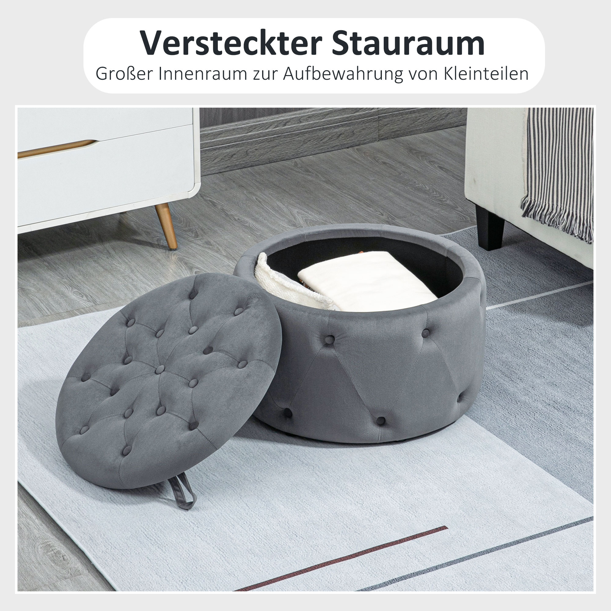 Hocker, rund, mit Staufach, Steppdesign mit Knöpfen, Bezug in Samtoptik, grau, 60 x 60 x 40cm