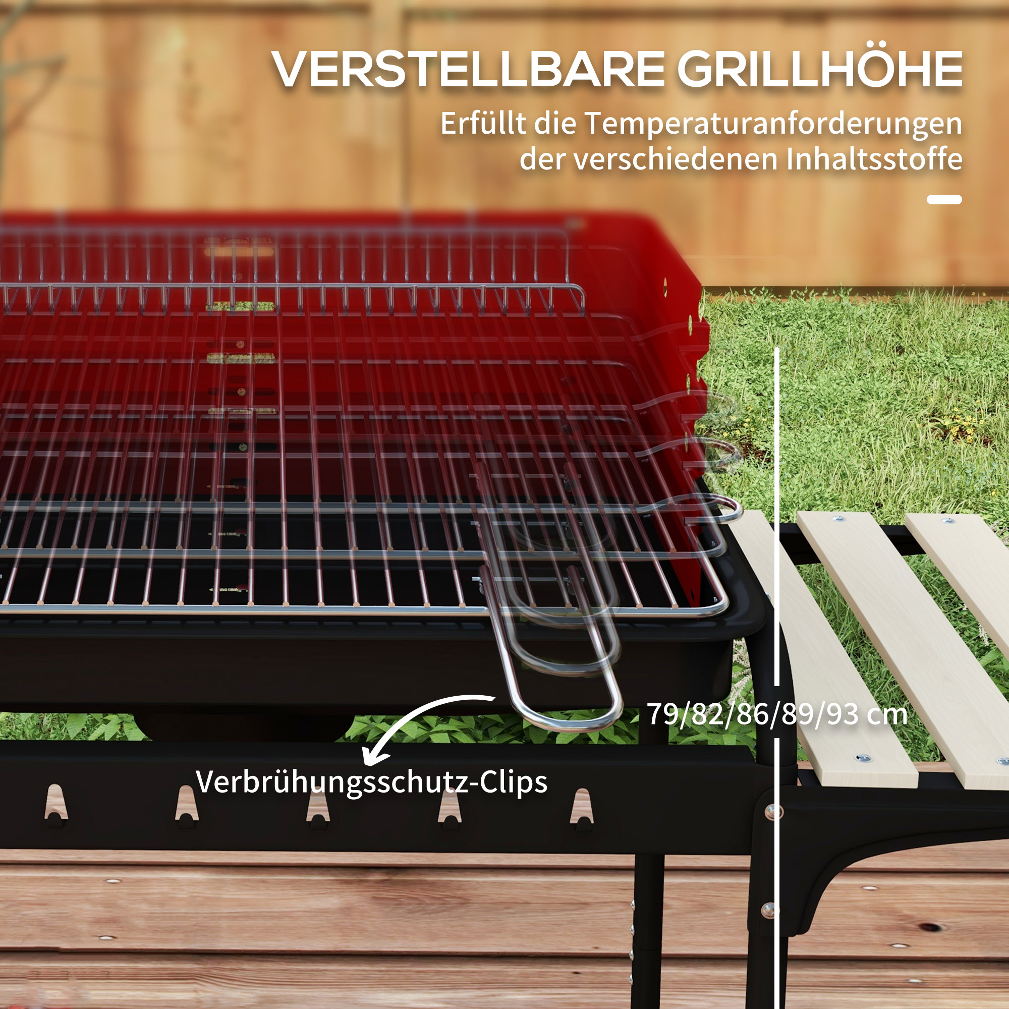 Holzkohlegrill aus Metall BBQ Smoker mit Räder, höheverstellbar Grillrost, Holzablage 103x47x95 cm Rot