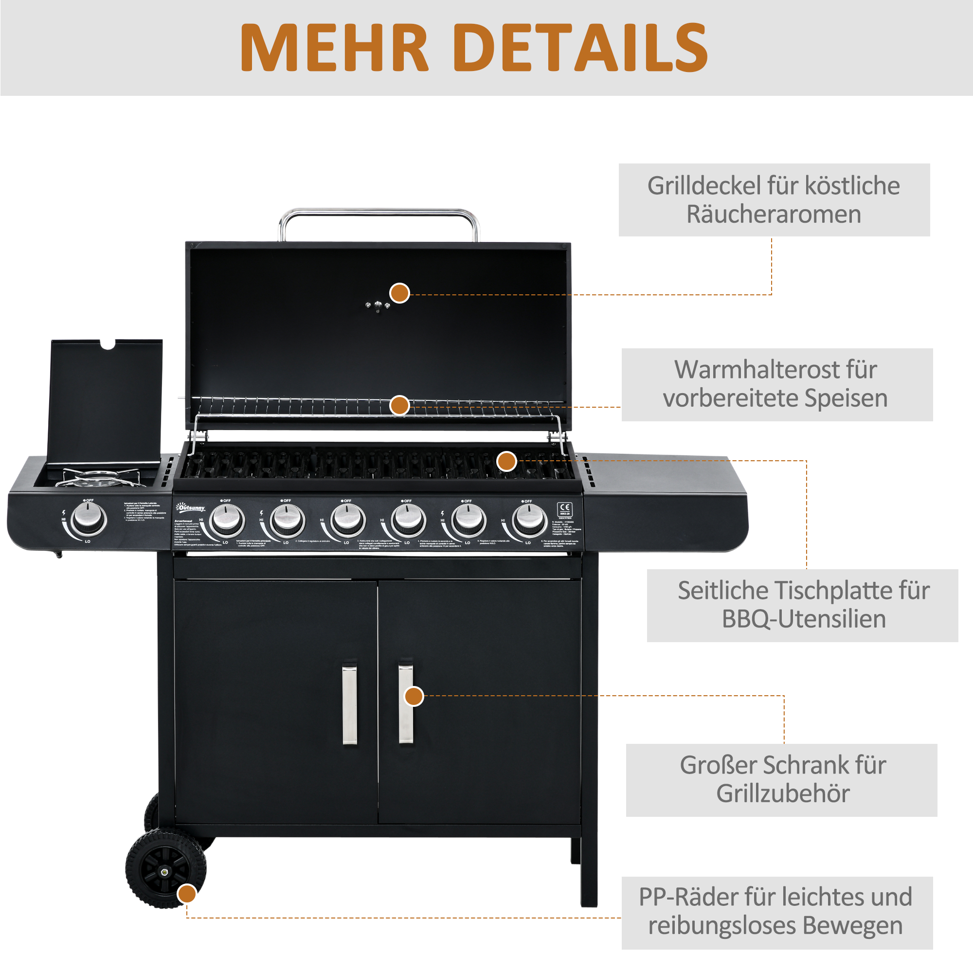Gasgrill mit 7 Brennern, inkl, Thermometer,  BBQ -Grill, mobiler Grill, Schwarz