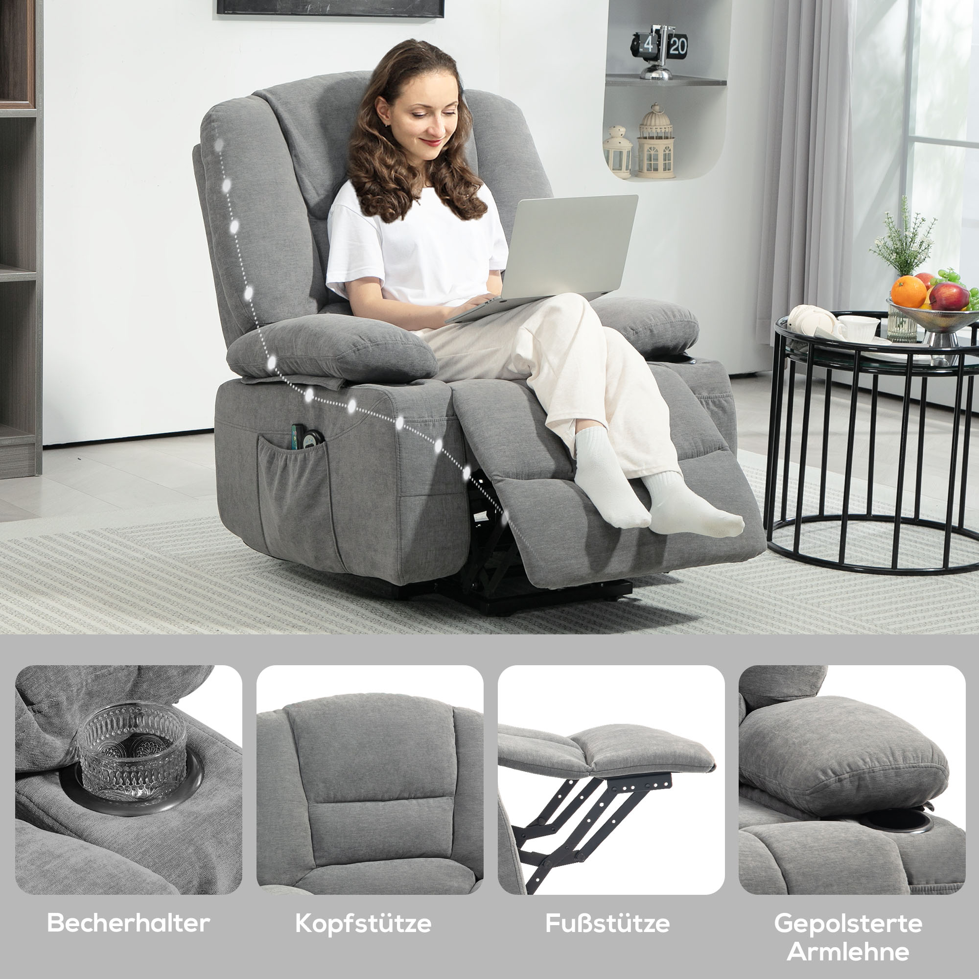 Elektrischer Relaxsessel mit Aufstehhilfe, Massagesessel mit Wärmefunktionen, 2 Fernbedienungen, weicher Schaumstoff