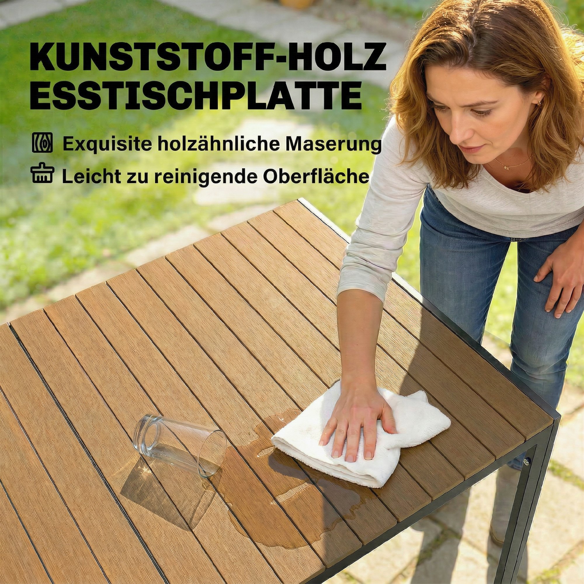 7 tlg. Sitzgruppe Gartenmöbel-Set, Gartengarnitur mit 1 Esstisch, 6 Stühlen, Kissen, für Terrasse, Naturholz