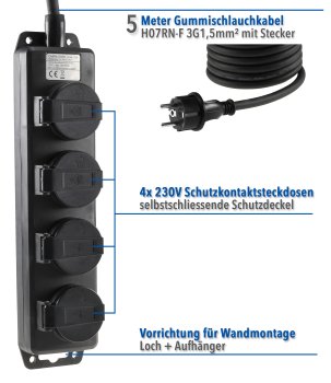 Gartensteckdosenleiste für Außen, 4-fach / IP44, H07RN-F 3G1,5mm², Zuleitung 5m