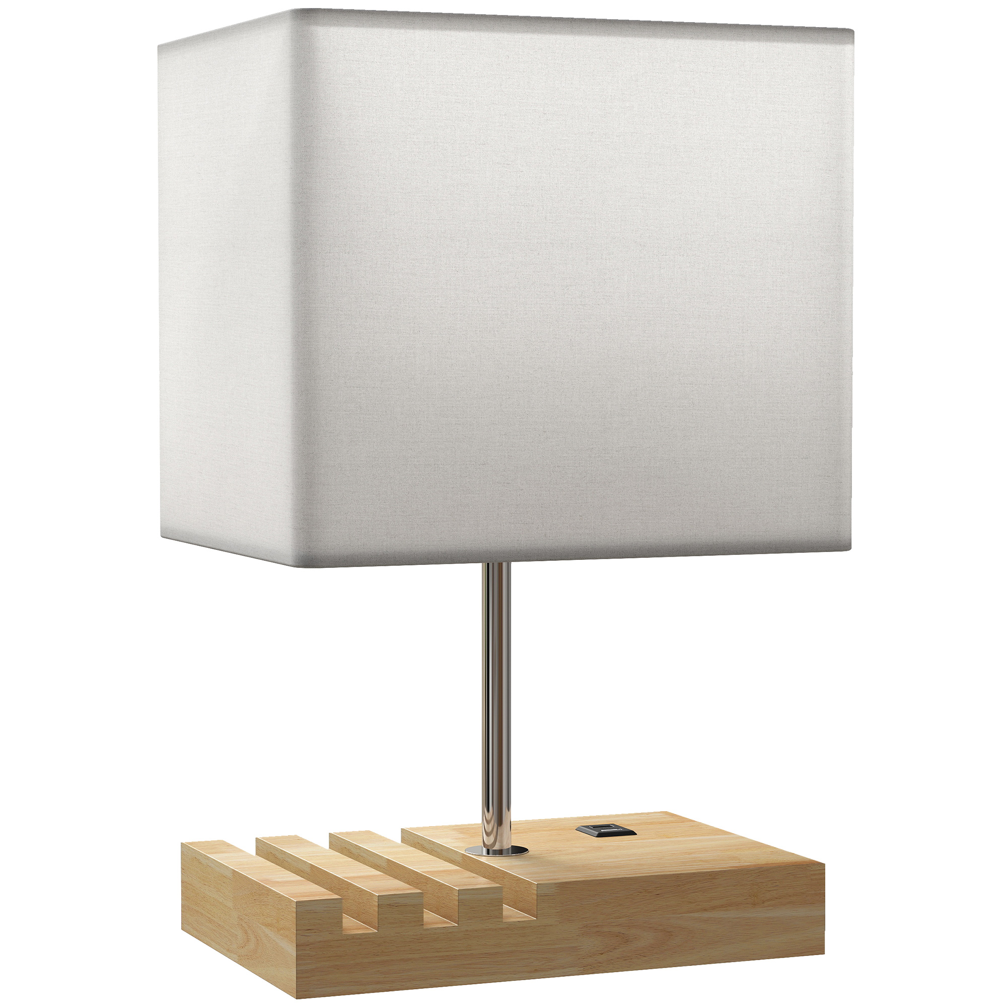 Nachttischlampe, USB-Anschlüsse, Holz, Stoff, Wippschalter, Ablagefächer, Weiß
