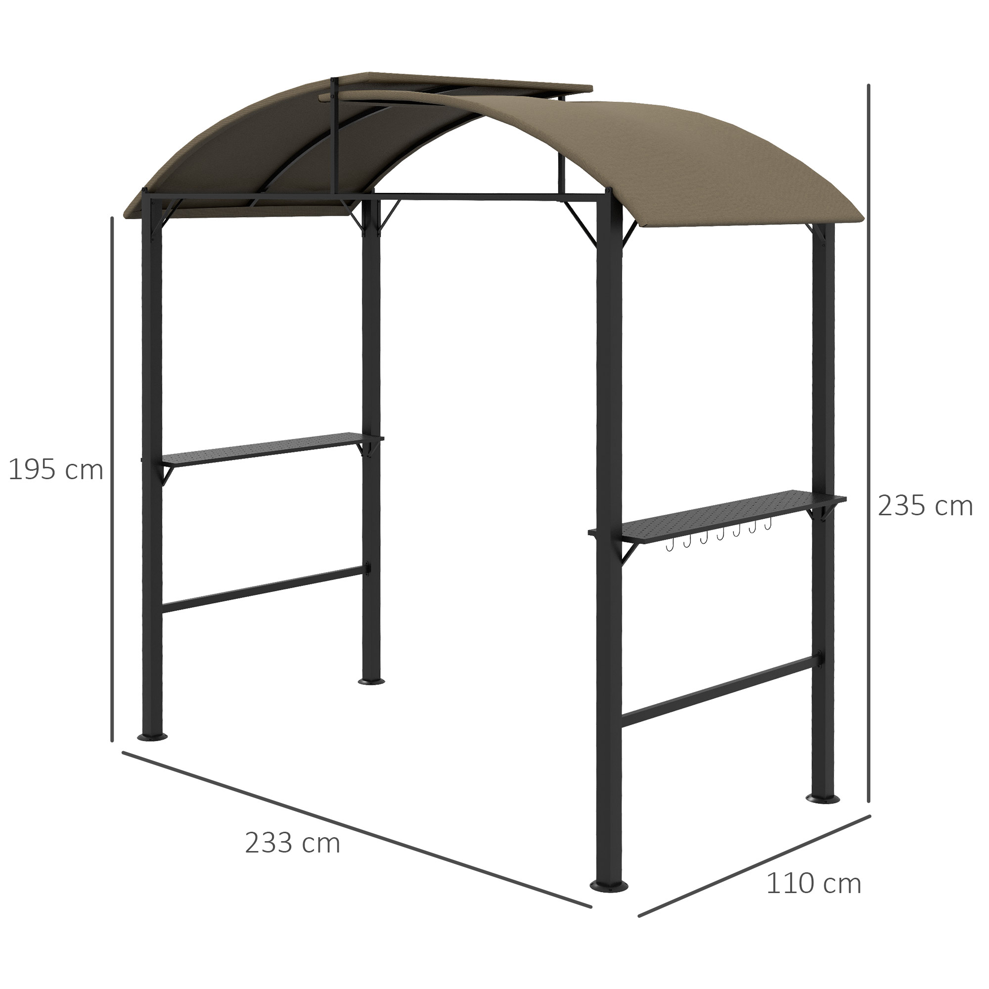 Grillpavillon, 2 Seitenablagen, Haken, Stahlrahmen, 1,1 x 2,3m, Khaki