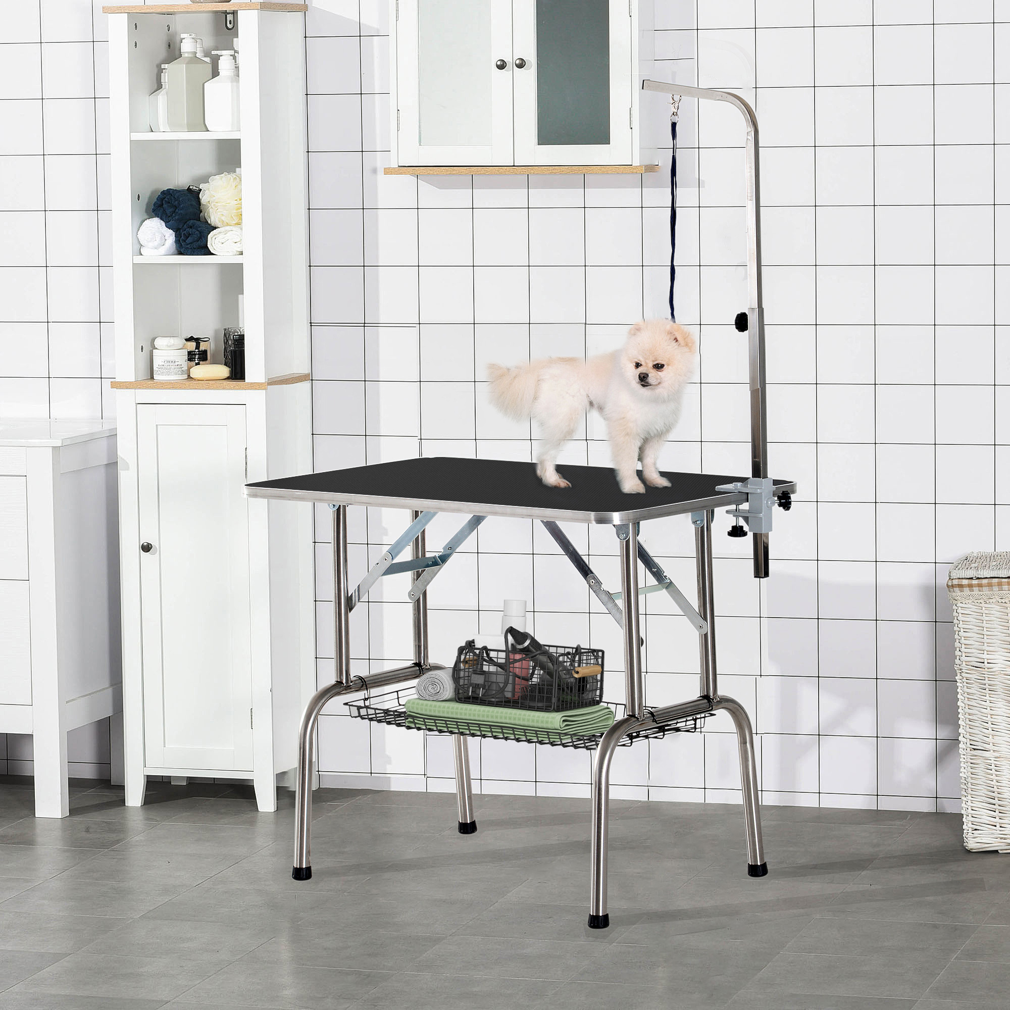 Trimmtisch Tierpflegetisch Schertisch mit Korb Hundepflegetisch klappbar Hundefriseurtisch Hunde Badetisch höhenverstellbar Edelstahl Schwarz