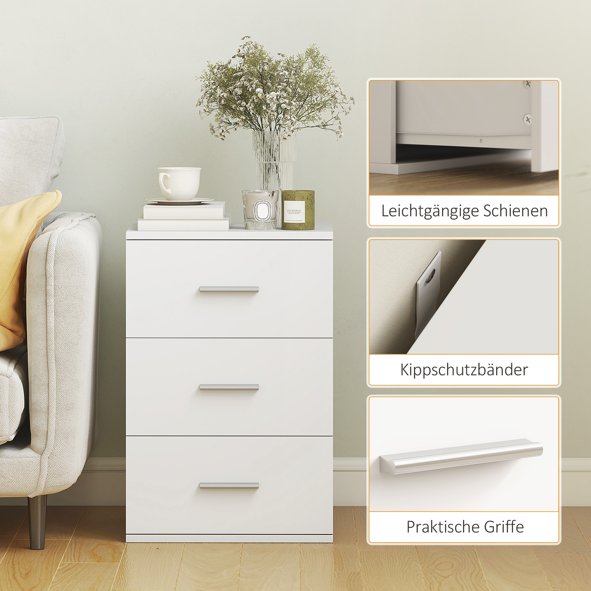 Nachttisch mit 3 Schubladen, Beistell-Kommode für Schlafzimmer, MDF, Weiß