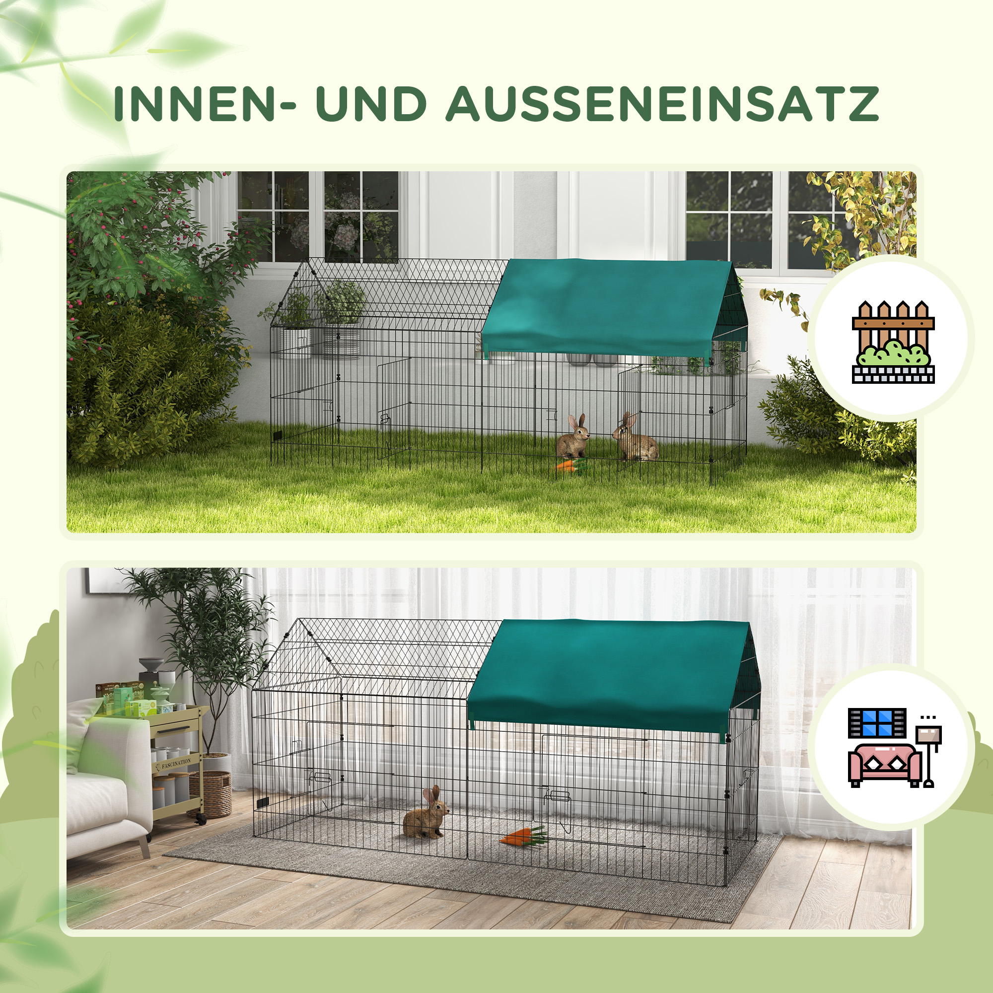 Kleintiergehege mit Dach, 4 Türen, wetterfest, Stahl/Polyester, 220x85x103cm, Grün/Schwarz