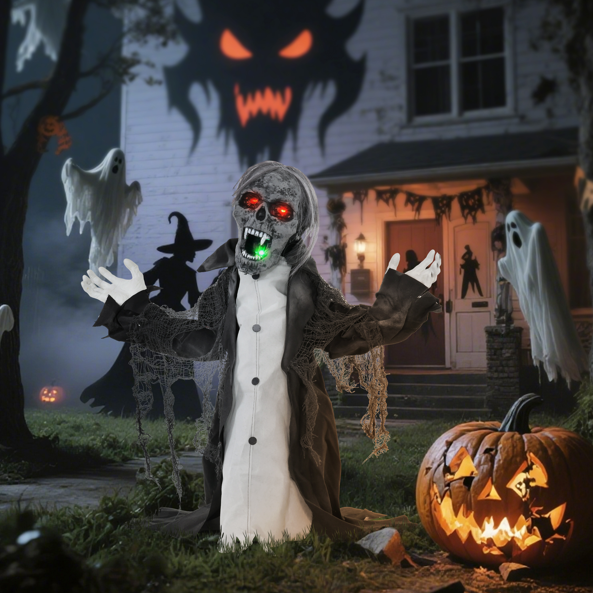 Halloweendeko, Skelett/Zombie, beweglich, Bewegungssensor, LEDs & Sounds, 75 cm
