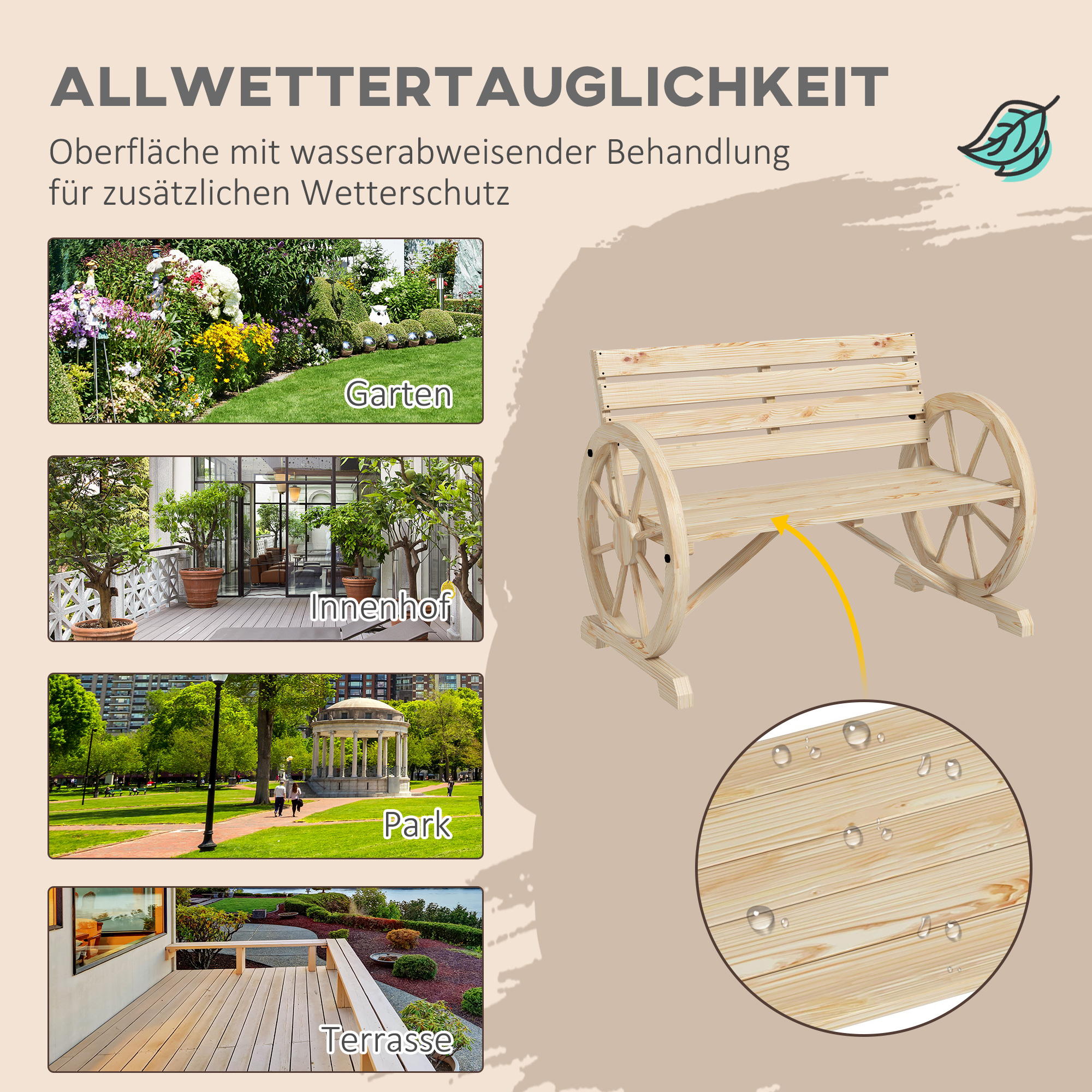 Gartenbank, Wagenrad-Design, für 2 Personen, Naturholz, dunkelbraun, 105,5 x 56 x 79 cm, Natur