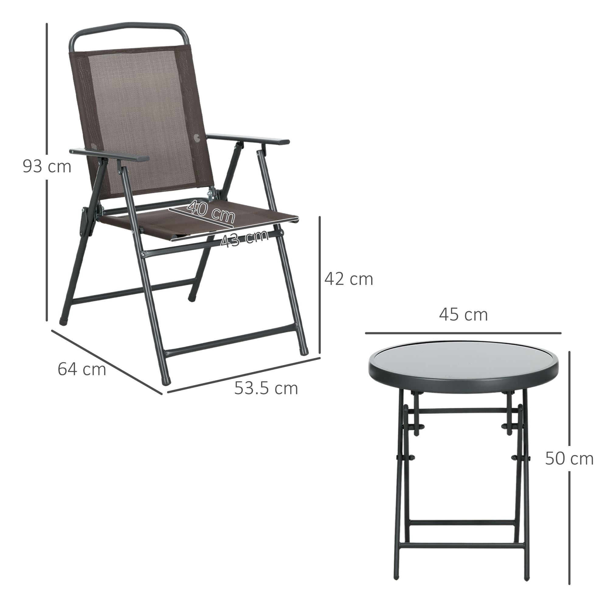 Bistro-Set 3-teilig aus Metall Wetterfest Gartenmöbel Set mit klappbar Glastisch Gartenstühlen Braun