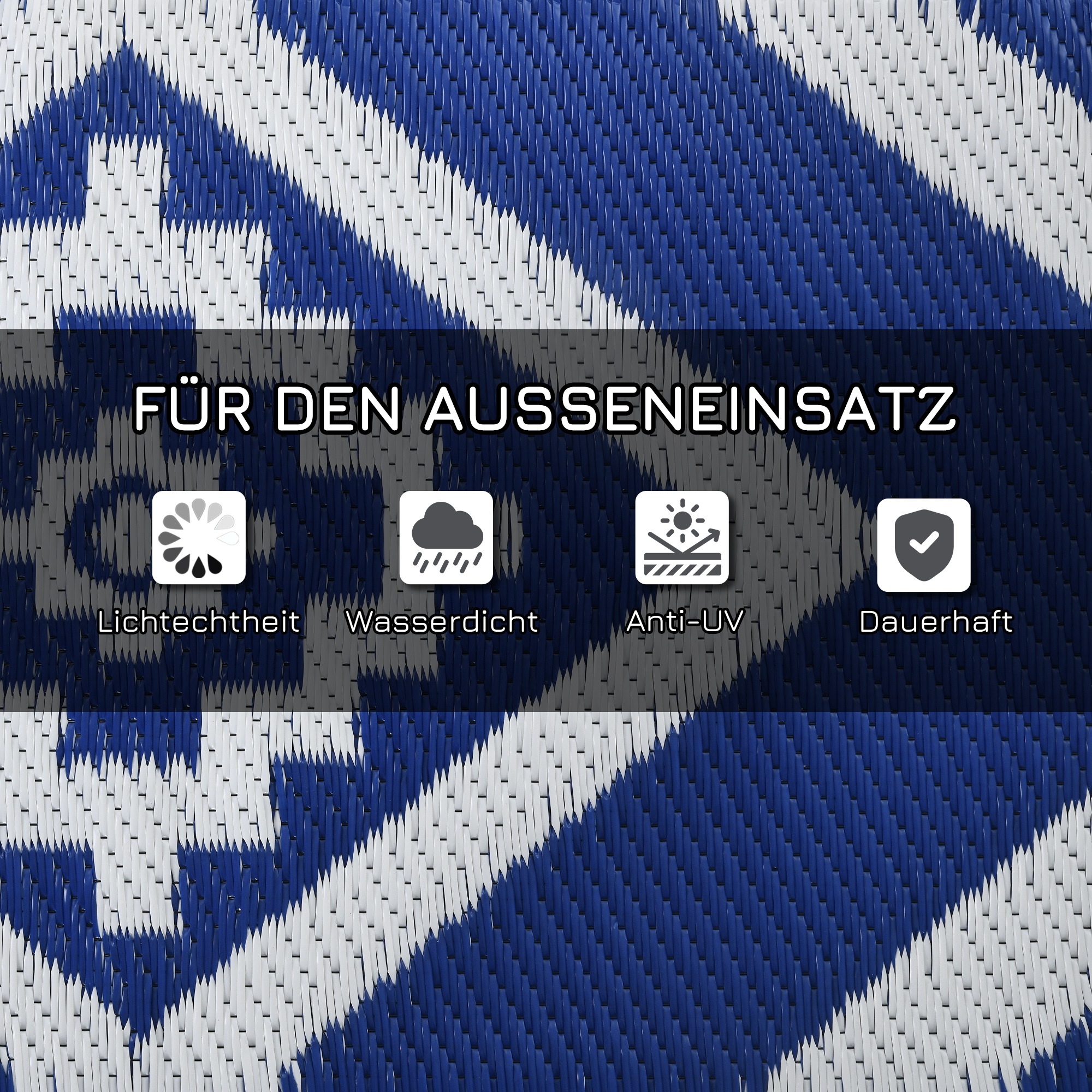 Outdoorteppich Terrassenteppich, wetterbeständig, modernes Design, 182 cm x 274 cm x 0,3 cm, Blau + Weiß