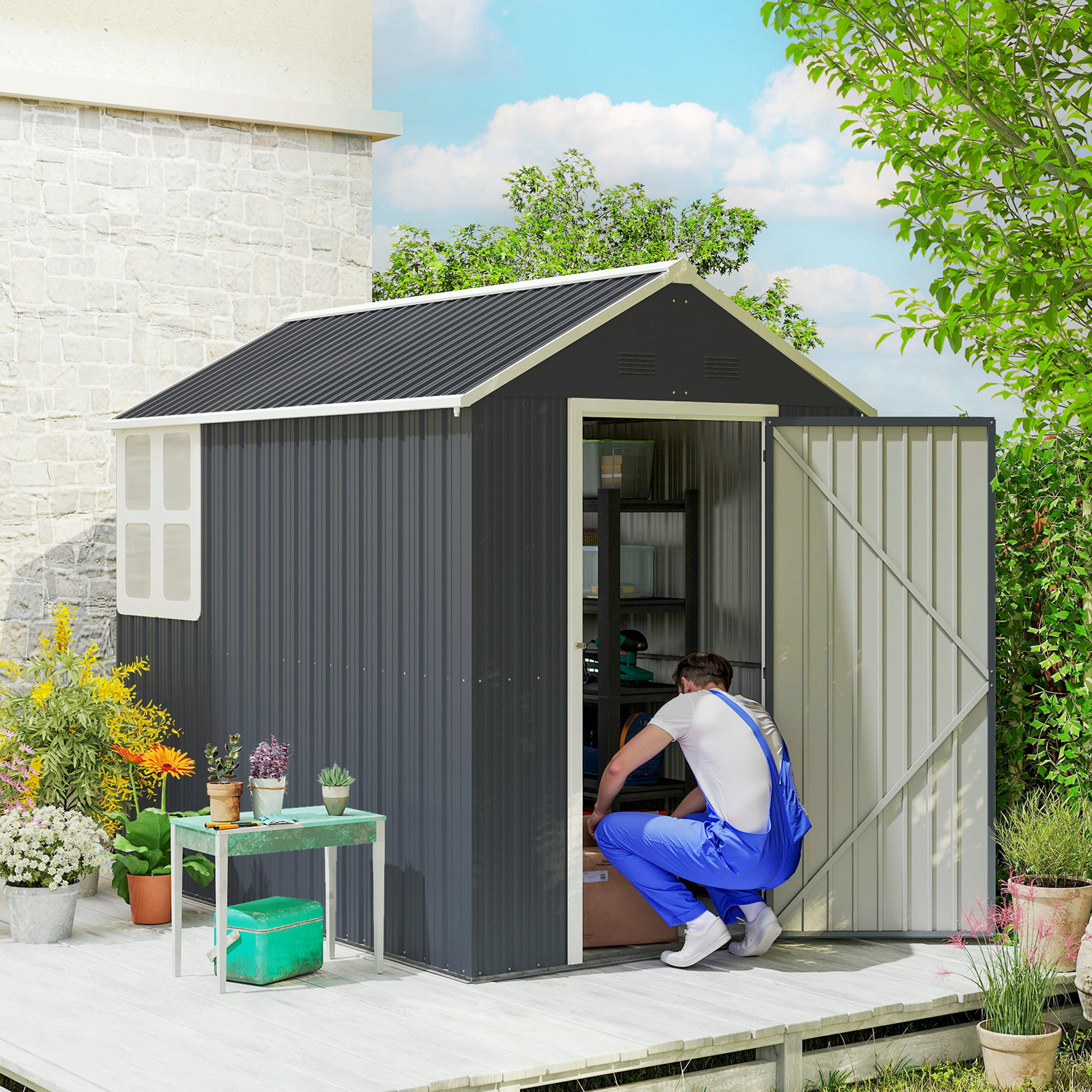 Gartenschuppen, Metallgerätehaus, Doppeltür, Fenster, 259x172x222 cm, Grau/Weiß