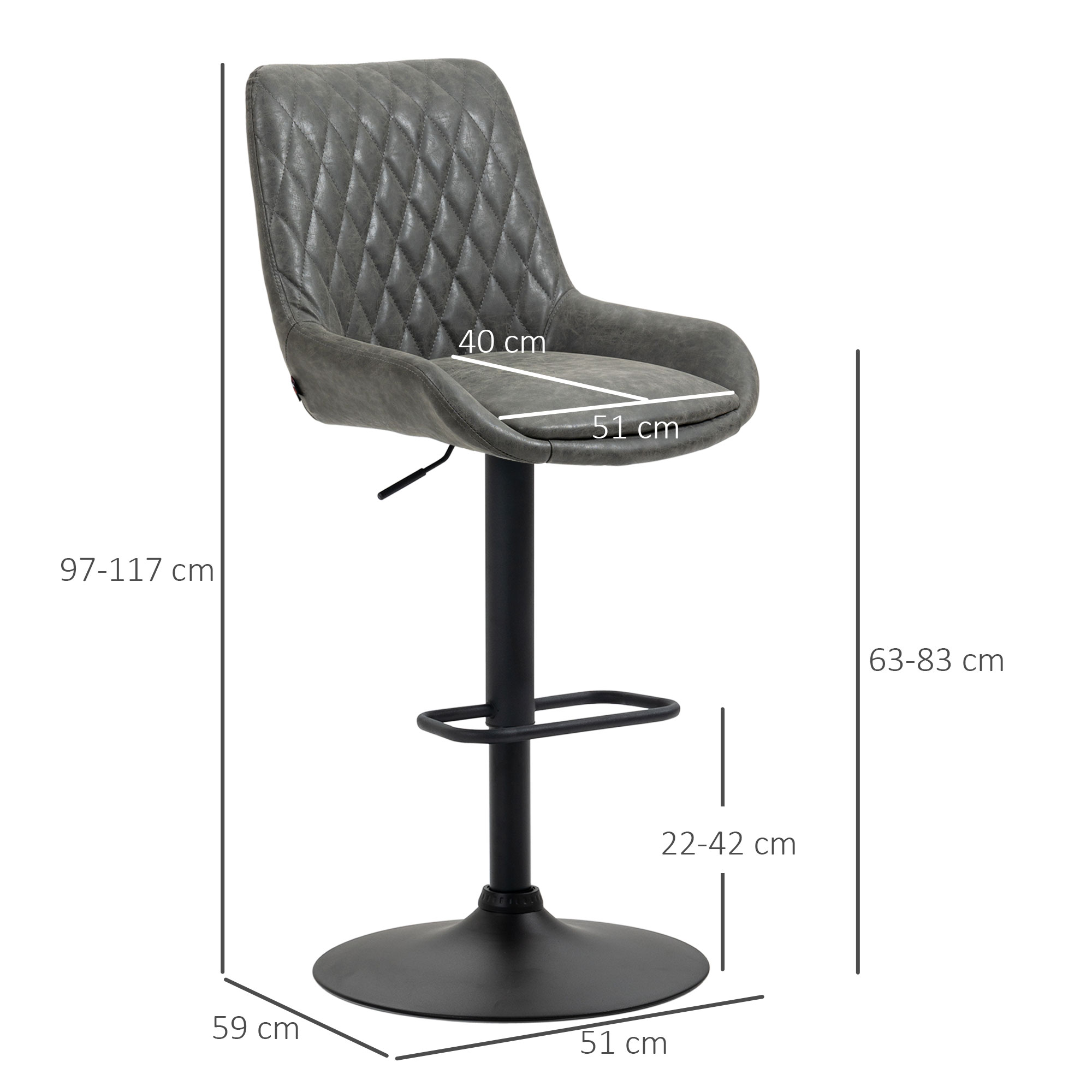 Barhocker Küchenhocker Designhocker, höhenverstellbar, mit Fußstütze, 51 cm x 59 cm x 117 cm, Dunkelgrau + Schwarz