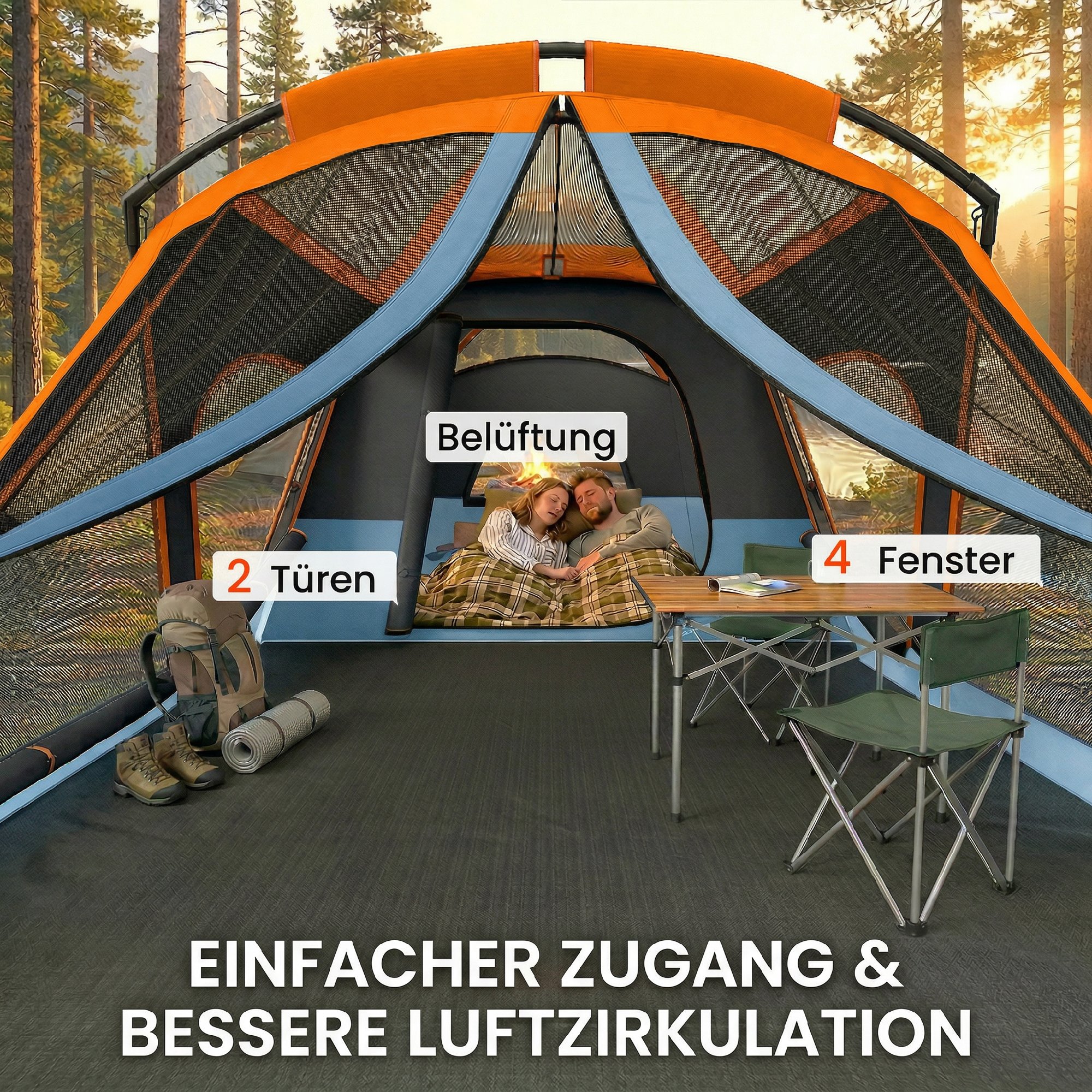 Tunnelzelt 4 Personen Familienzelt mit Schlaf- und Wohnzimmer Dachfenstern Bodenplane Stehhöhe 3000 mm Wassersäule