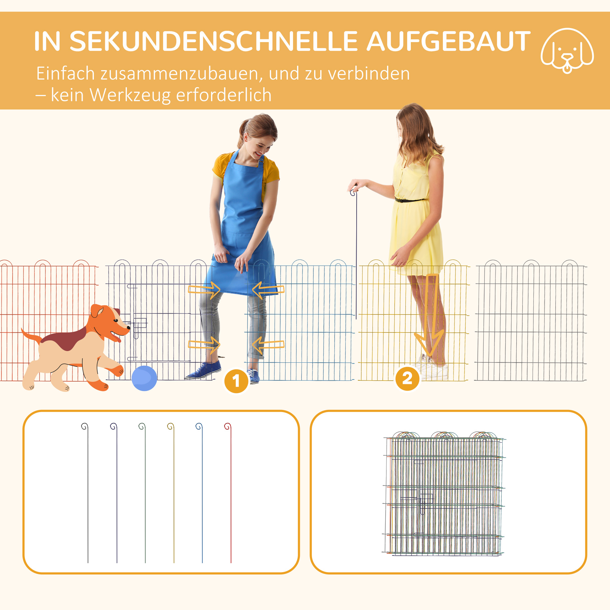 Freilaufgehege, Welpenauslauf, modulares Design, verriegelbar, Metall, Ø120x60H cm, Bunt