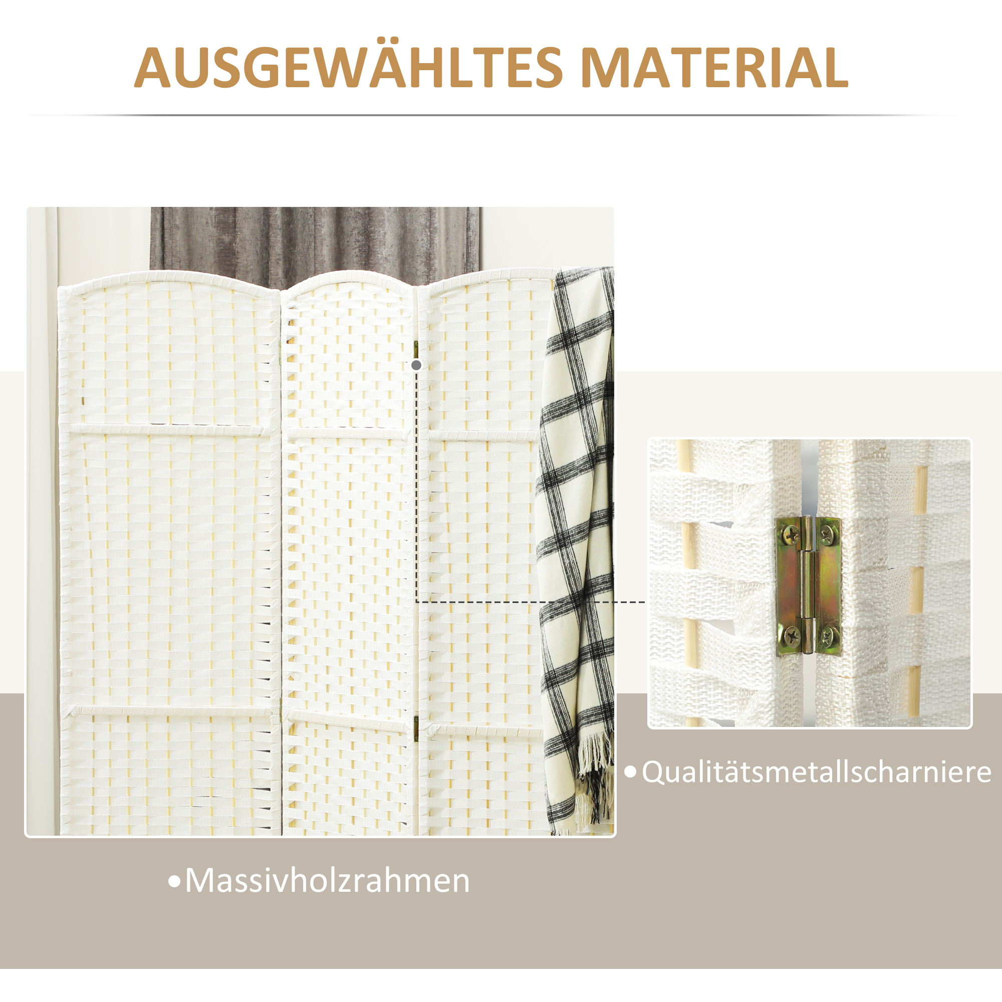 4-teiliger Raumtrenner, Faltbarer Sichtschutz, Sichtschutzwand für Wohnzimmer, Schlafzimmer, Homeoffice, Weiß