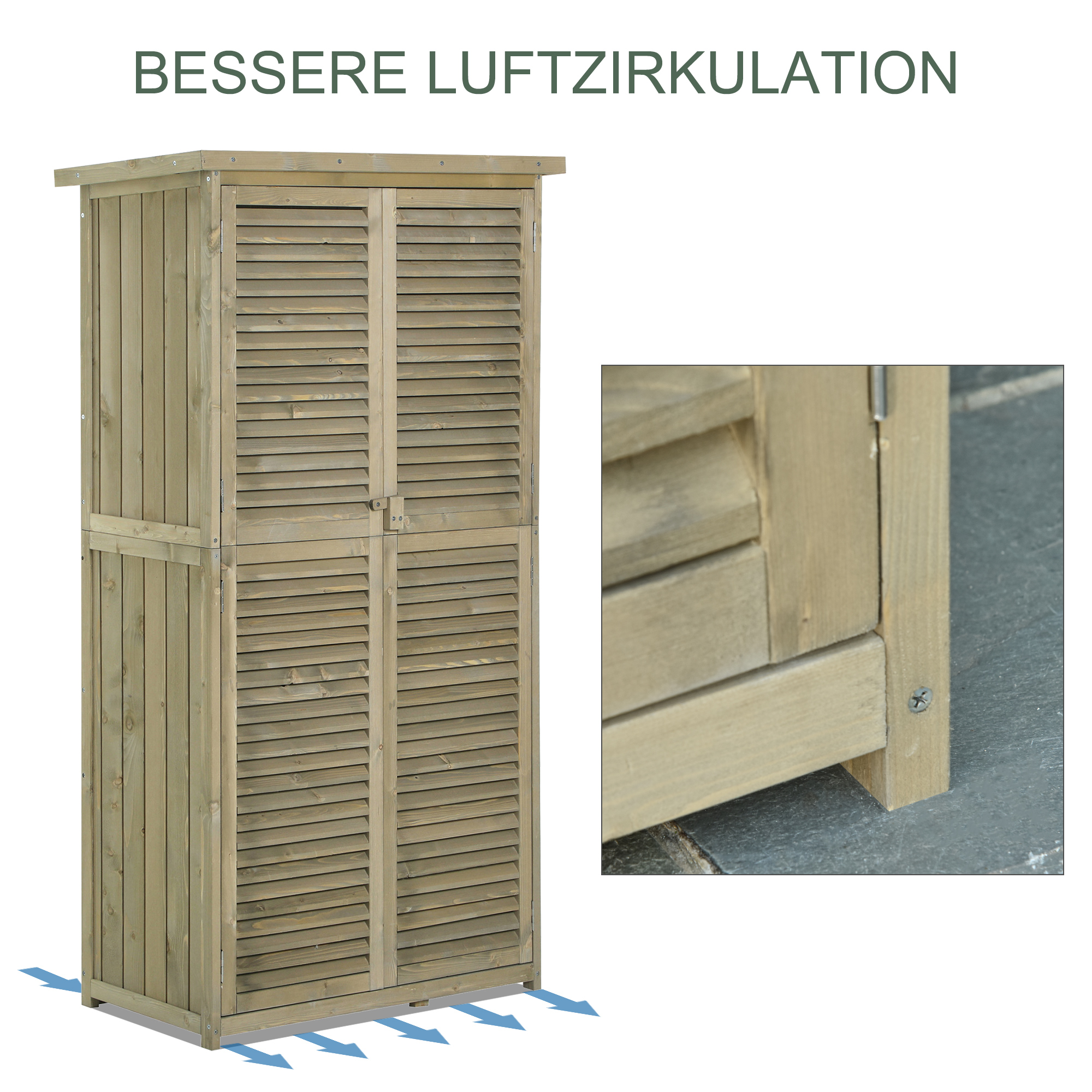 Gartenschrank Holz Geräteschuppen Gerätehaus mit Asphaltdach Lamellentür Geräteschrank Schuppen Garten 4 Fächer Grau 87 x 46,5 x 160 cm