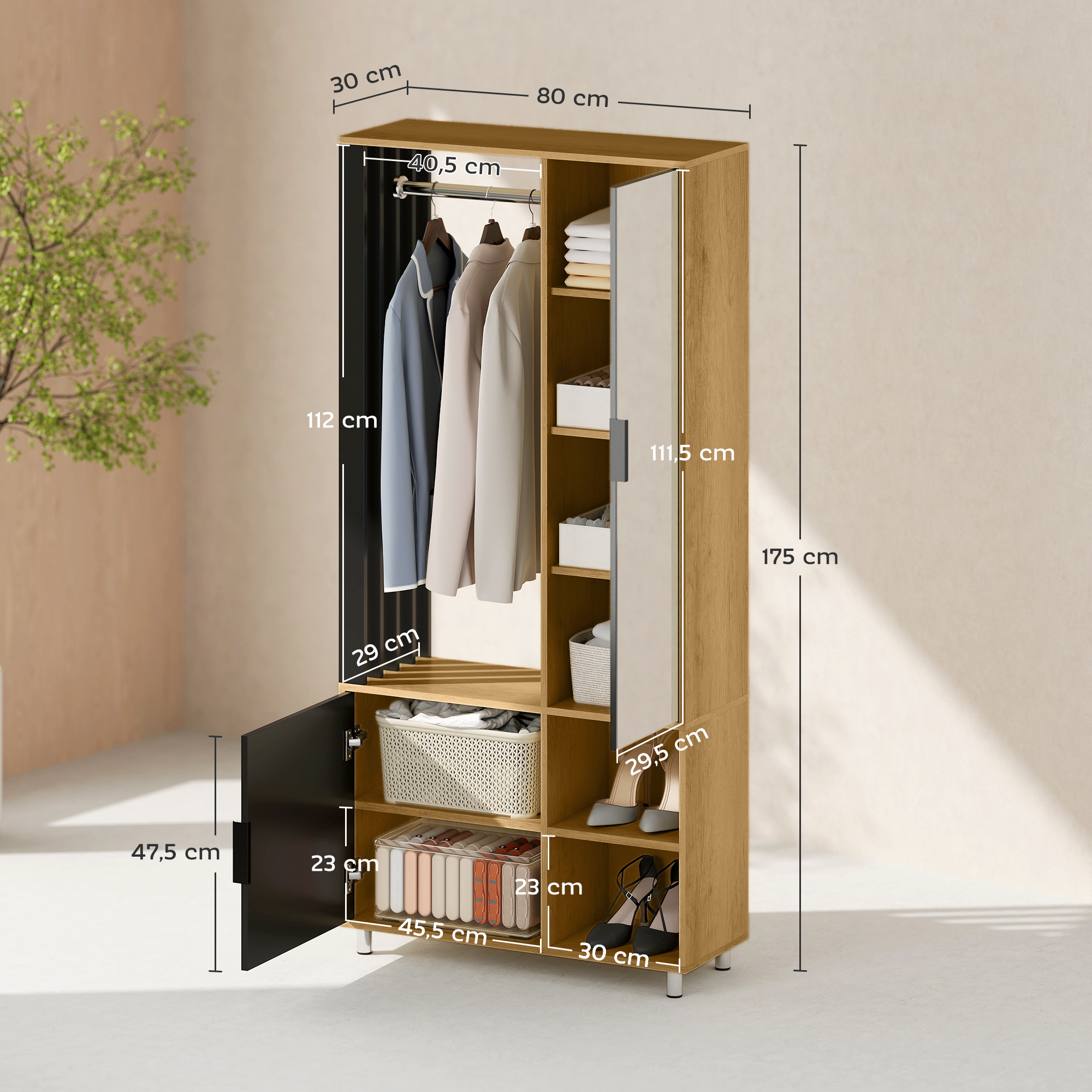 Kleiderschrank mit Spiegel und Hängestange, Aufbewahrungsfächer, offene Ablageflächen, Naturholz, Schwarz