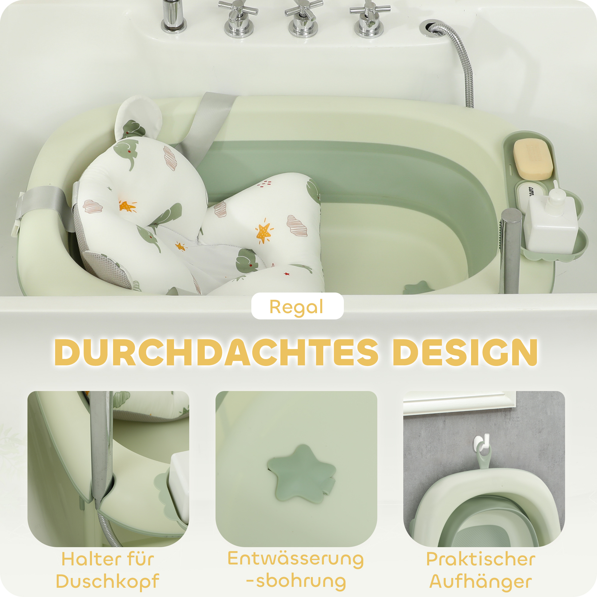 Babybadewanne, faltbar, rutschfester Boden, Elefanten-Badekissen, 86 x 53 x 25,5 cm, Grün