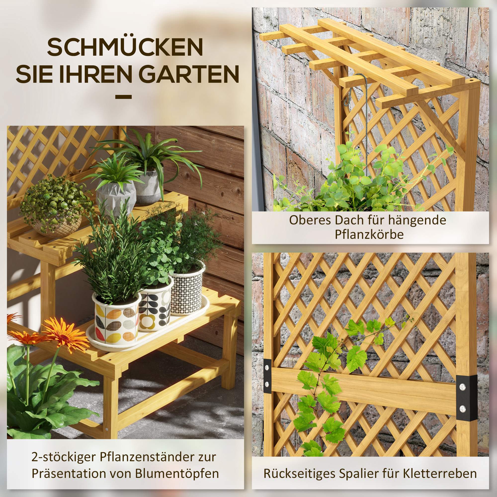 Pflanzenständer, Blumenregal, 2 Etagen, mit Spalier & Dach, Tannenholz, 60x50x166cm, Gelb
