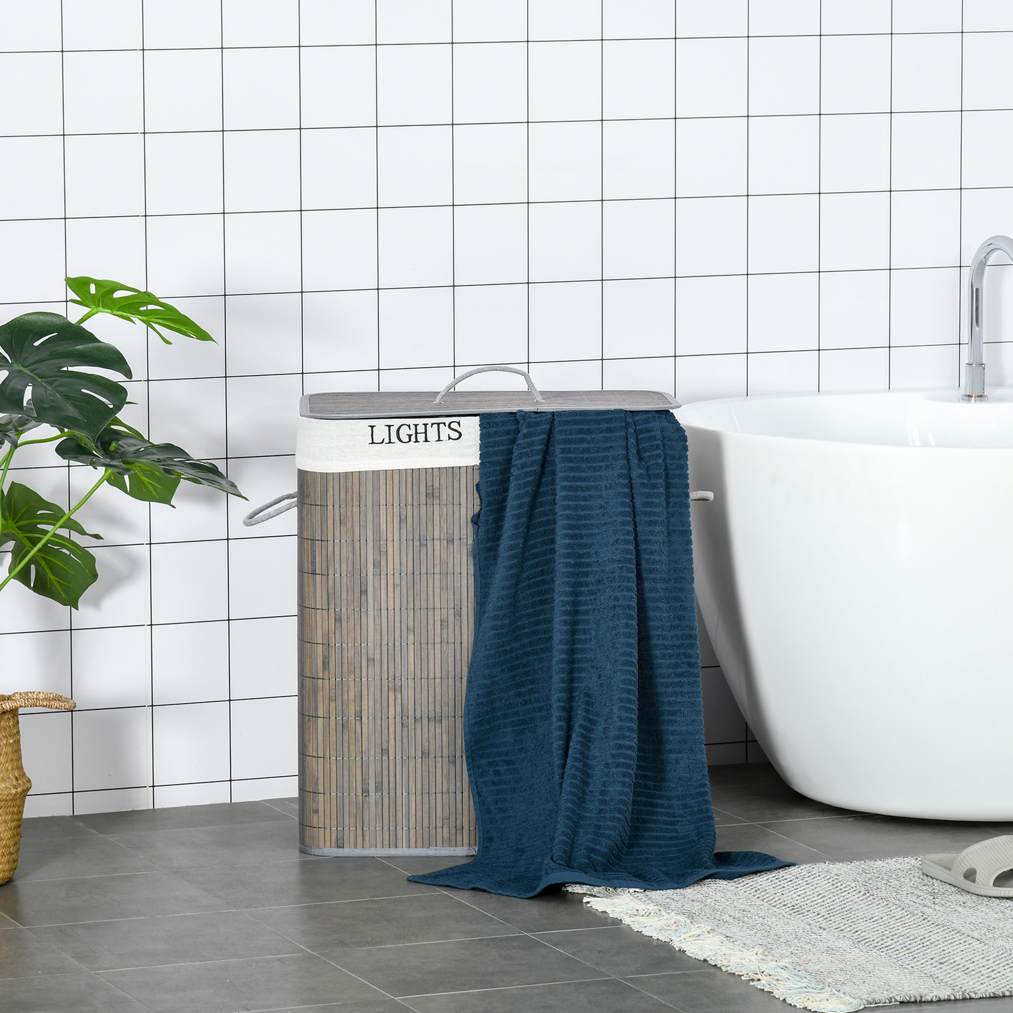 100L Wäschekorb mit 3 Griffen, mit waschbarem Wäschesack, Bambus, Polyester, Baumwolle, Metall, 52 x 32 x 63 cm, Grau