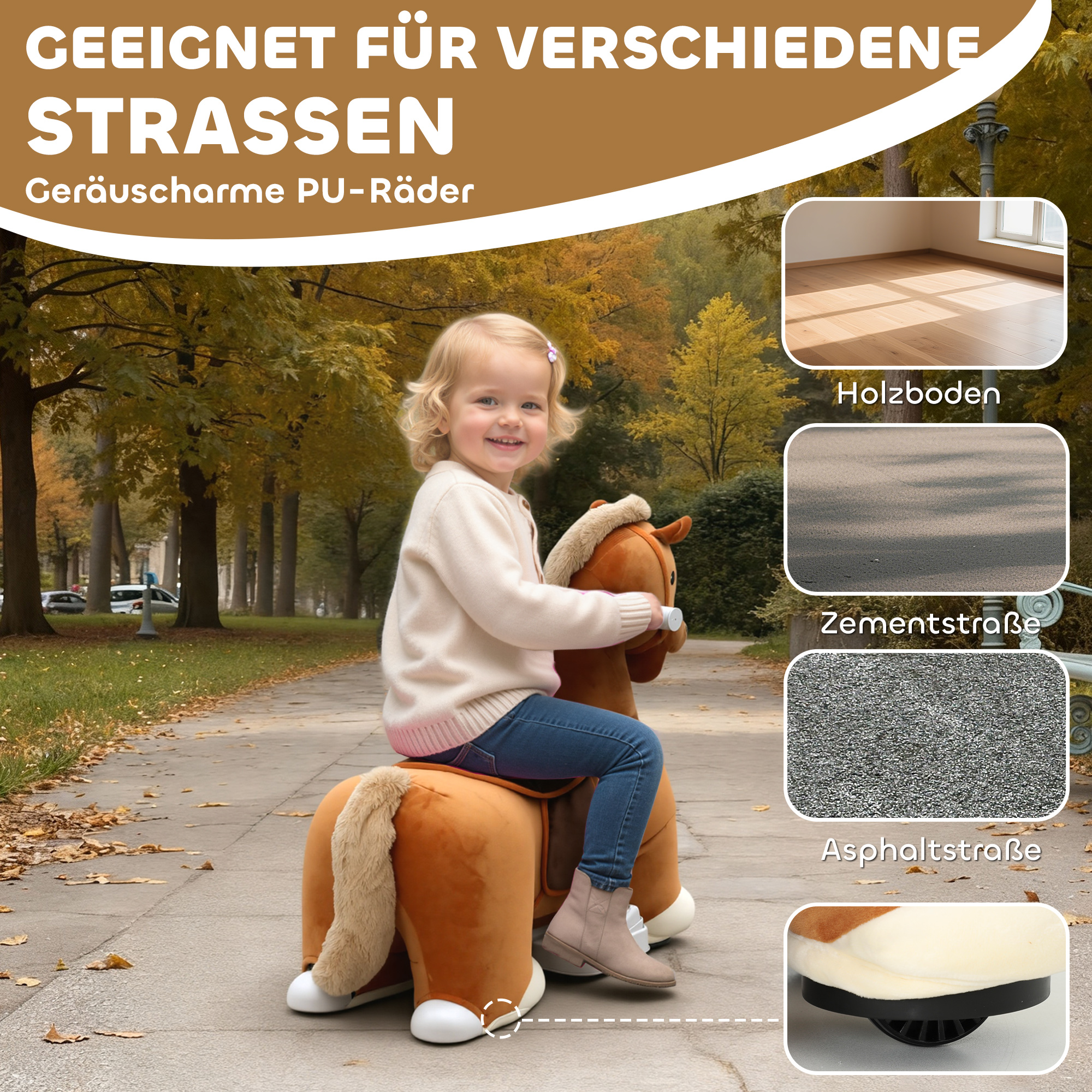 fahrbares Reitpferd für Kinder, weicher Bezug, Batteriebetrieb, Musik, Räder, 1,5-5 Jahre, Braun