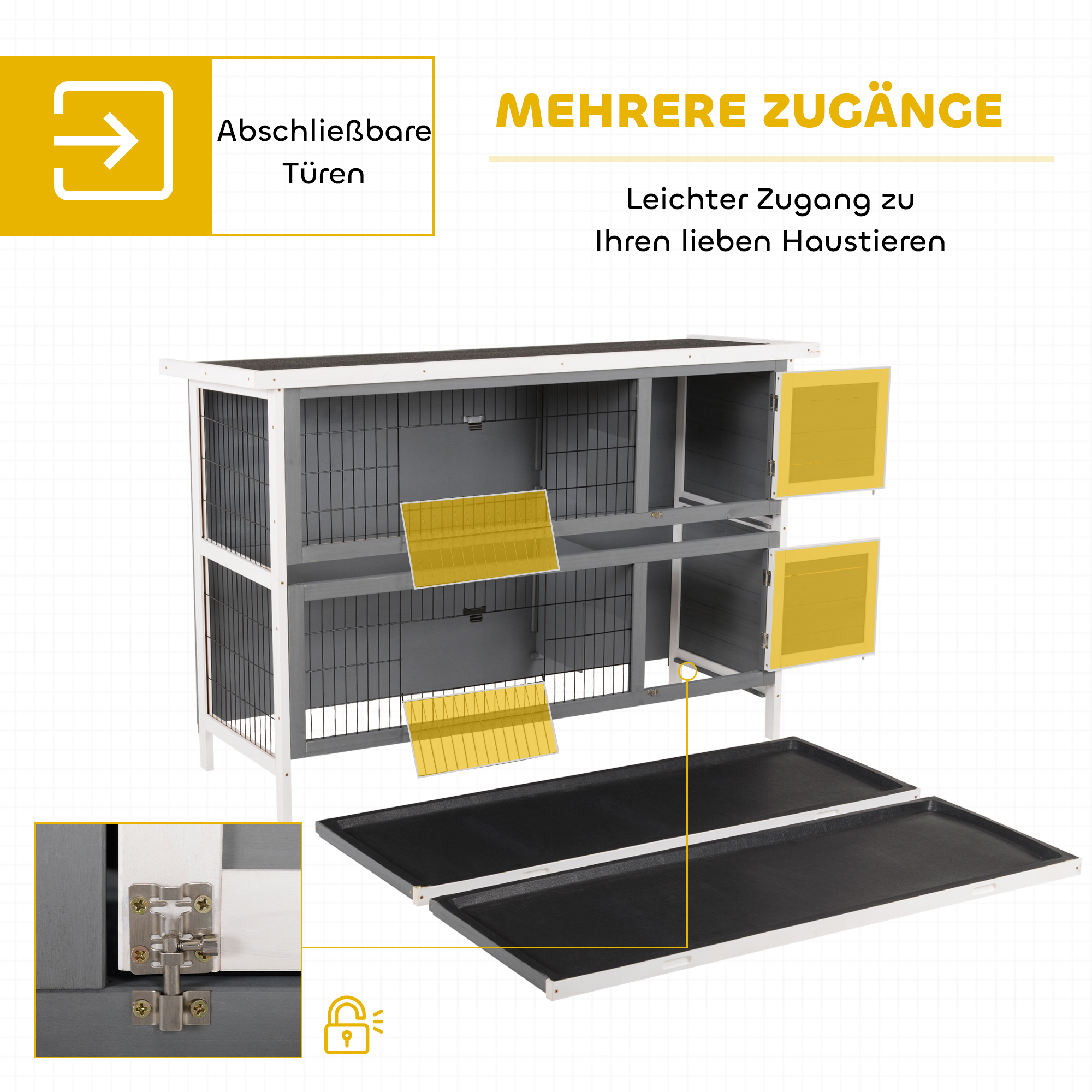 Kleintierstall für Meerschweinchen und Zwergkaninchen, doppelstöckig, Holz, Grau