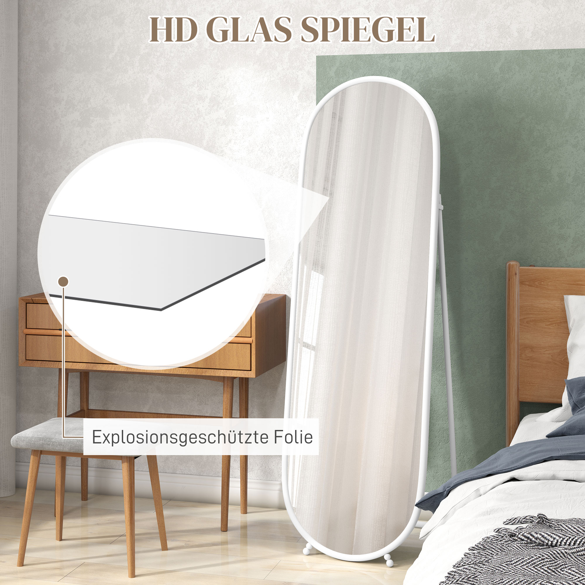 Ganzkörperspiegel, ovale Form, freistehend, Metallrahmen, 40x160cm, Farbe: Weiß