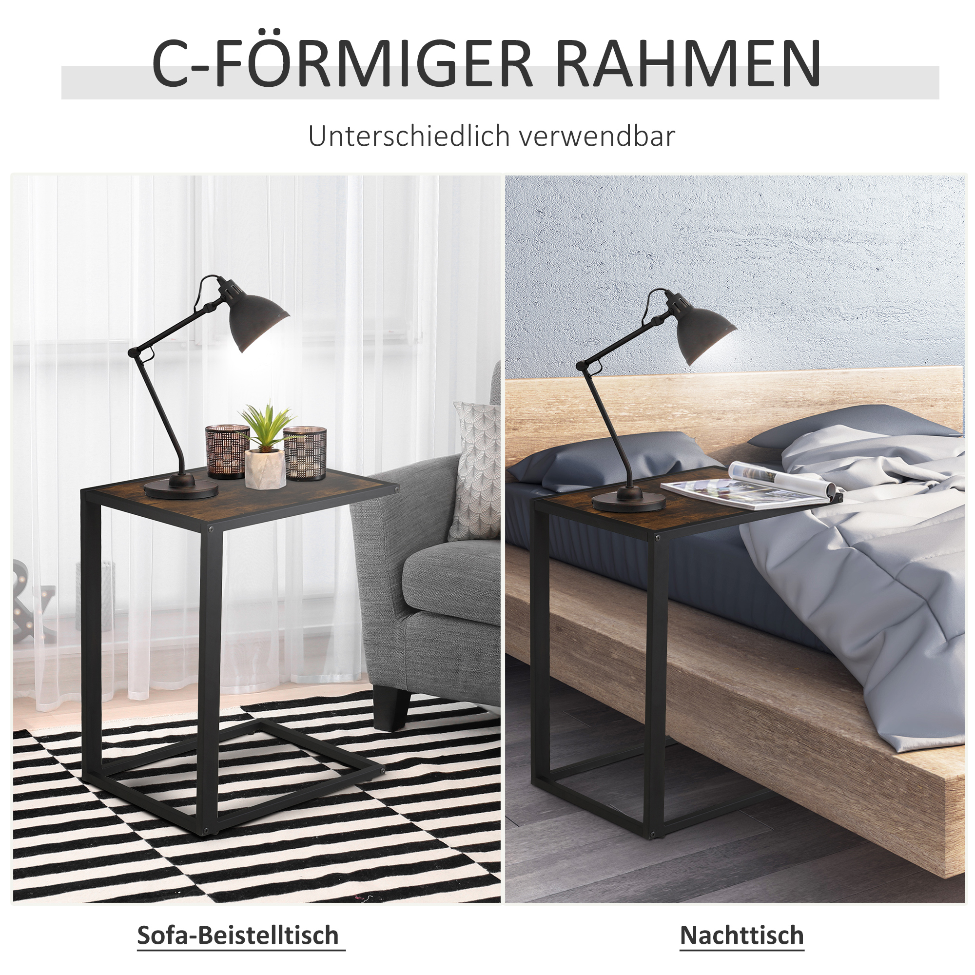 Beistelltisch in C-Form Kaffeetisch Couchtisch Laptoptisch für Schlafzimmer und Wohnzimmer kleiner Bereich mit Metallgestell Industrie-Stil Metall MDF Rustikal-Braun 40,6 x 50,8 X 64,2 cm