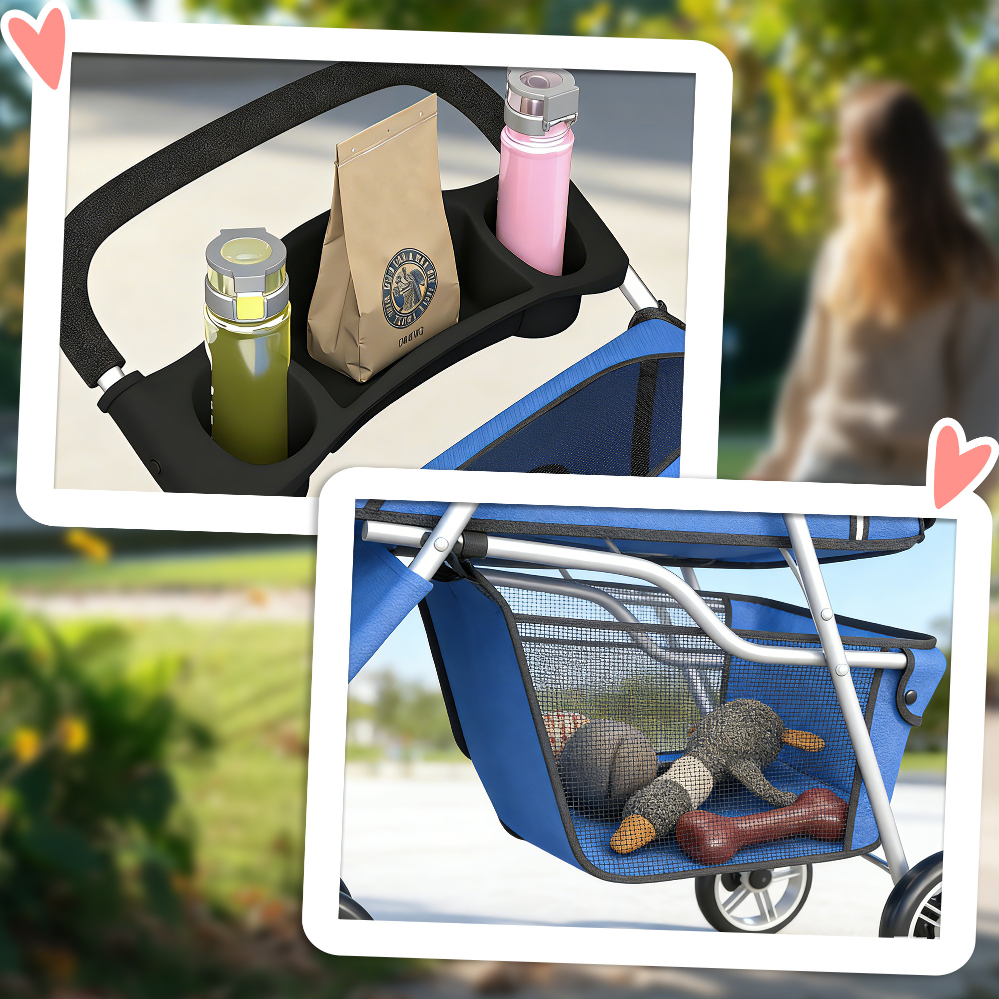 Hundewagen Hundebuggy Faltbar bis 10kg mit Aufbewahrungskorb, Kissen, Netzfenstern, für kleine Hunde, 77x44x102cm Blau