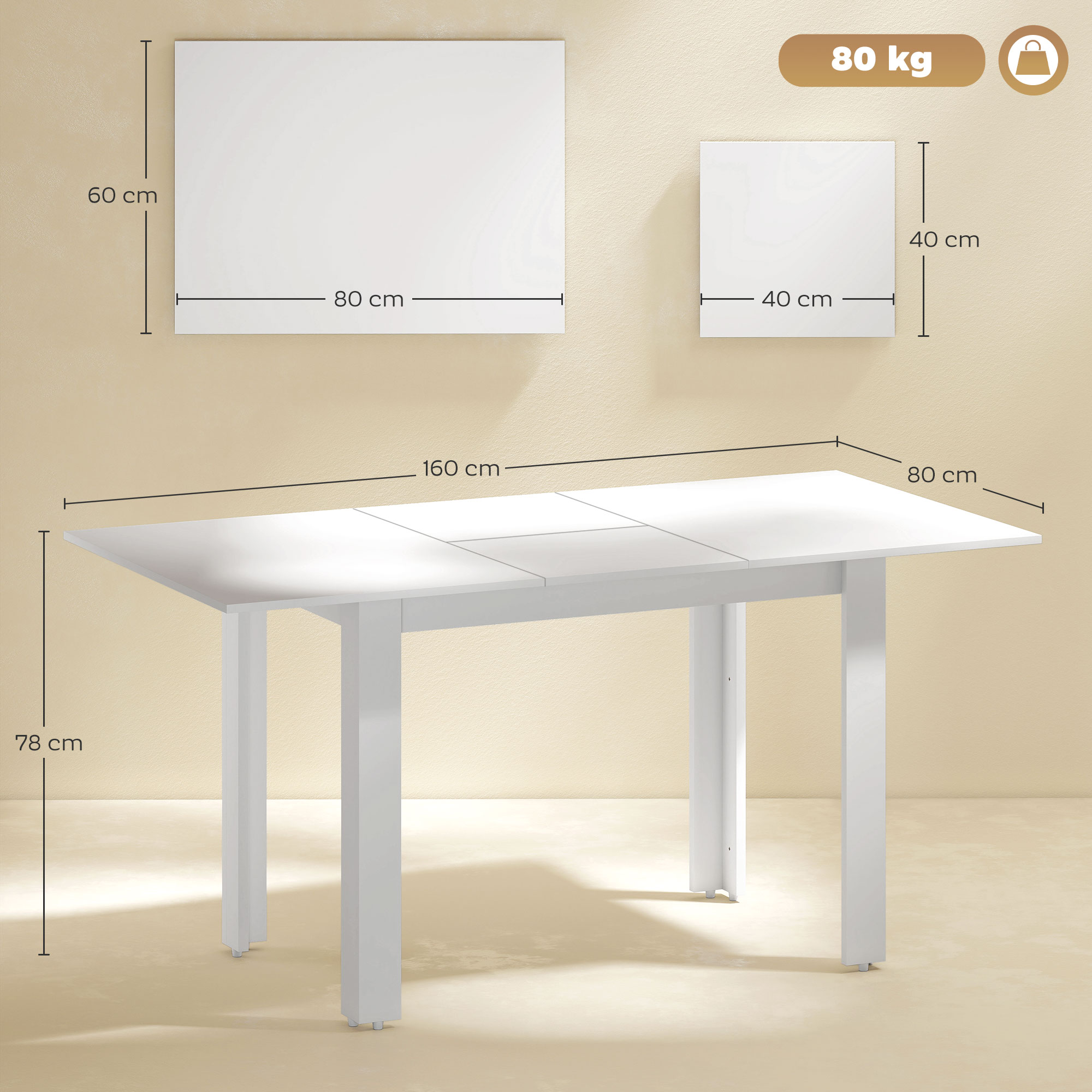 ausziehbarer Esstisch, 120-160 x 70 cm, verstellbarer Küchentisch für 4-6 Personen, MDF, Hochglanzweiß