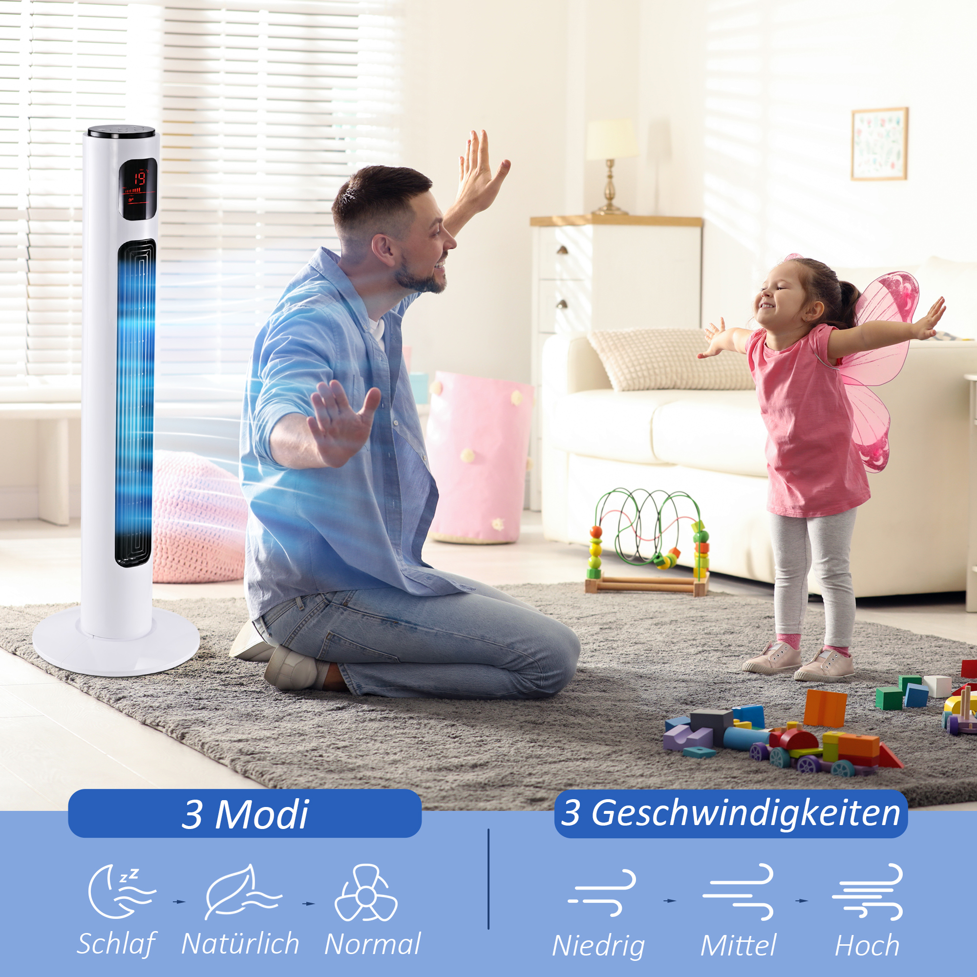 Turmventilator mit Fernbedienung 70° oszillierender 96 cm Standventilator Säulenventilator 45 W mit 3 Modi 3 Geschwindigkeiten Timer Weiß