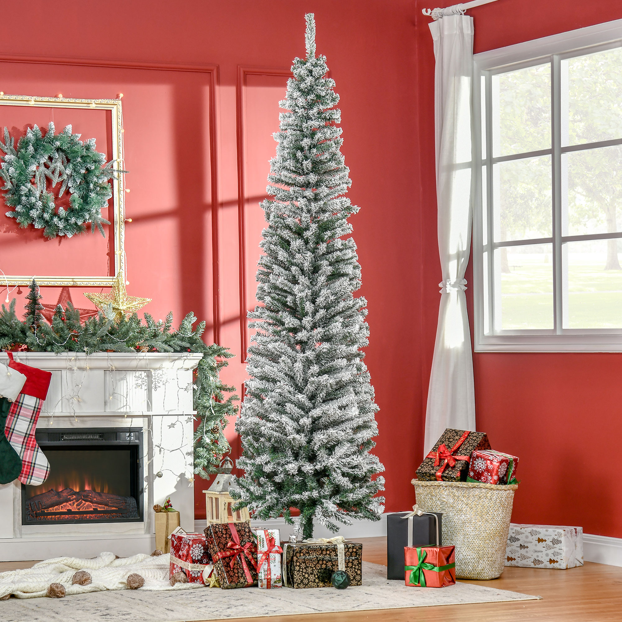 Künstlicher Weihnachtsbaum 225 cm Bleistift Kiefernbaum mit Schnee, 738 Spitzen für drinnen