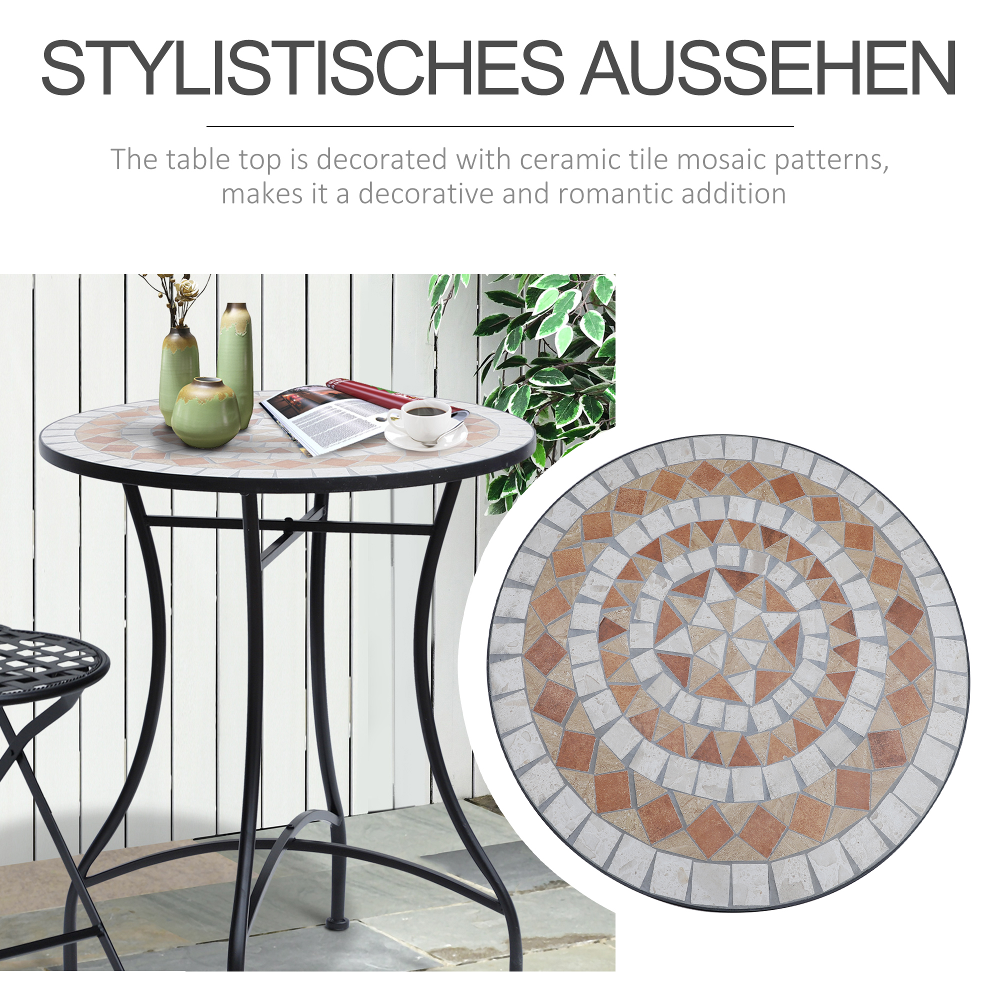 Gartentisch Mosaiktisch Balkontisch Beistelltisch Seviertisch rund Stahl + Keramik Orange + Weiß Ø60 x H71 cm