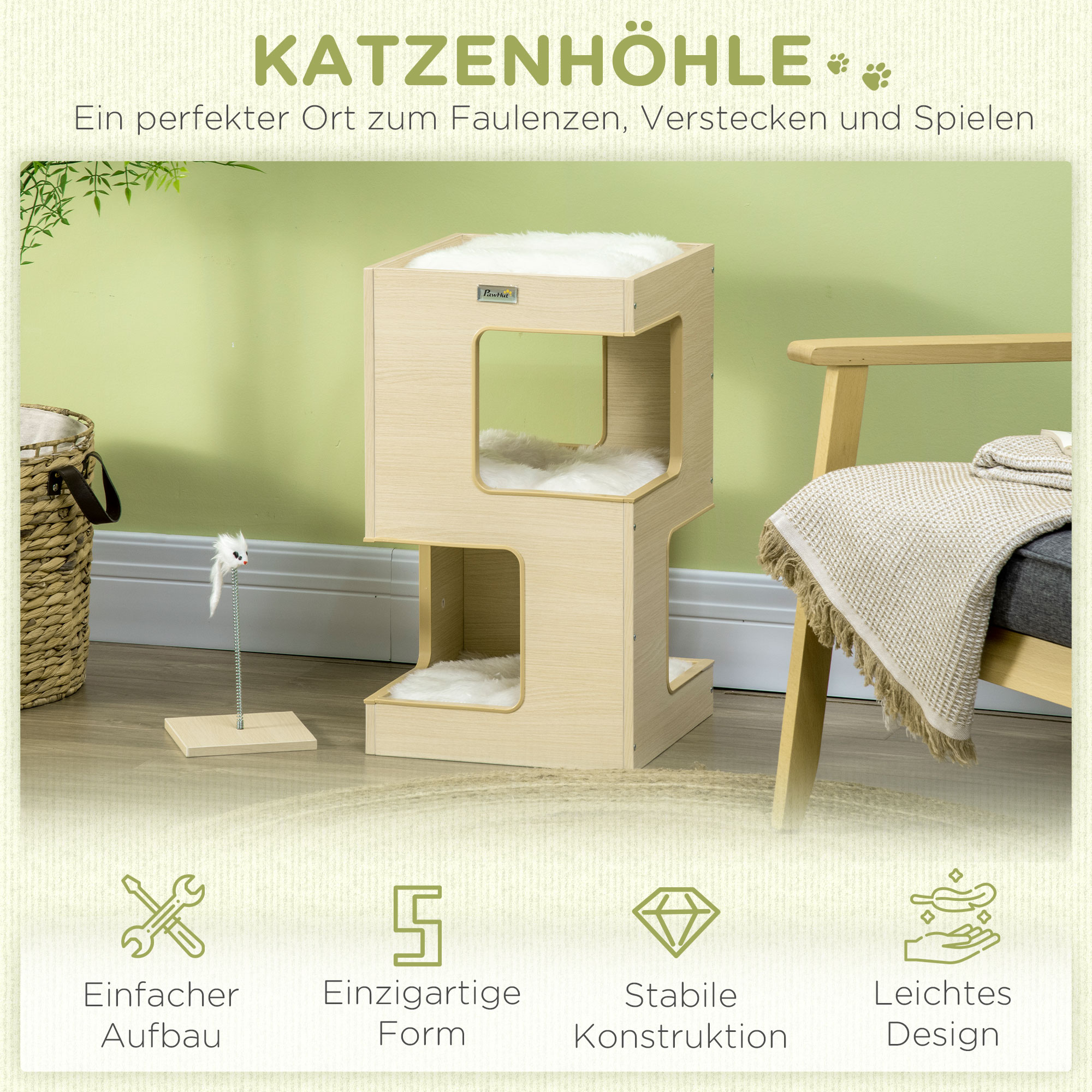 Katzentonne, Katzenhöhle, 2 Ebenen, inkl, Spielzeug, 34 cm x 34 cm x 60 cm, Natur + Hellgrau