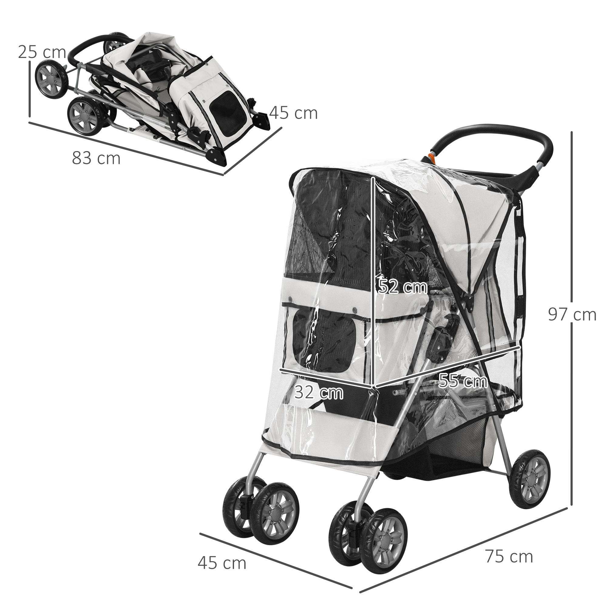 Hundebuggy Hundewagen bis 10 kg Klappbar Regenschutz Bodenkorb 2 Becherhalter 75 cm x 45 cm x 97 cm Grau