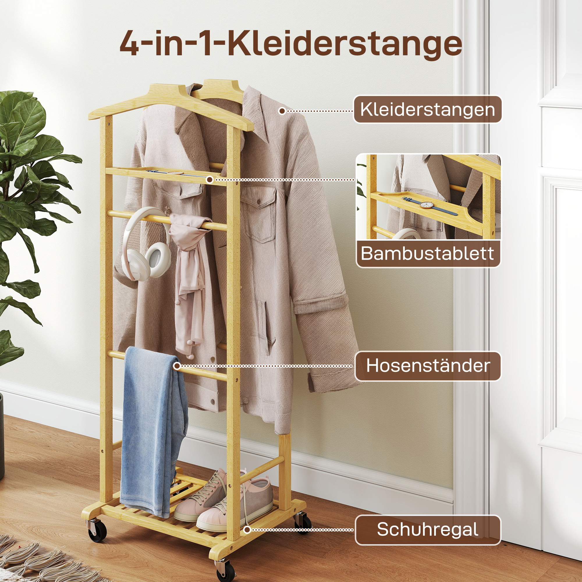 Kleiderständer mit Rollen, Garderobenständer mit Doppelstangen aus Bambus, Schuhablage, Ablagetablett, Hosenhalter