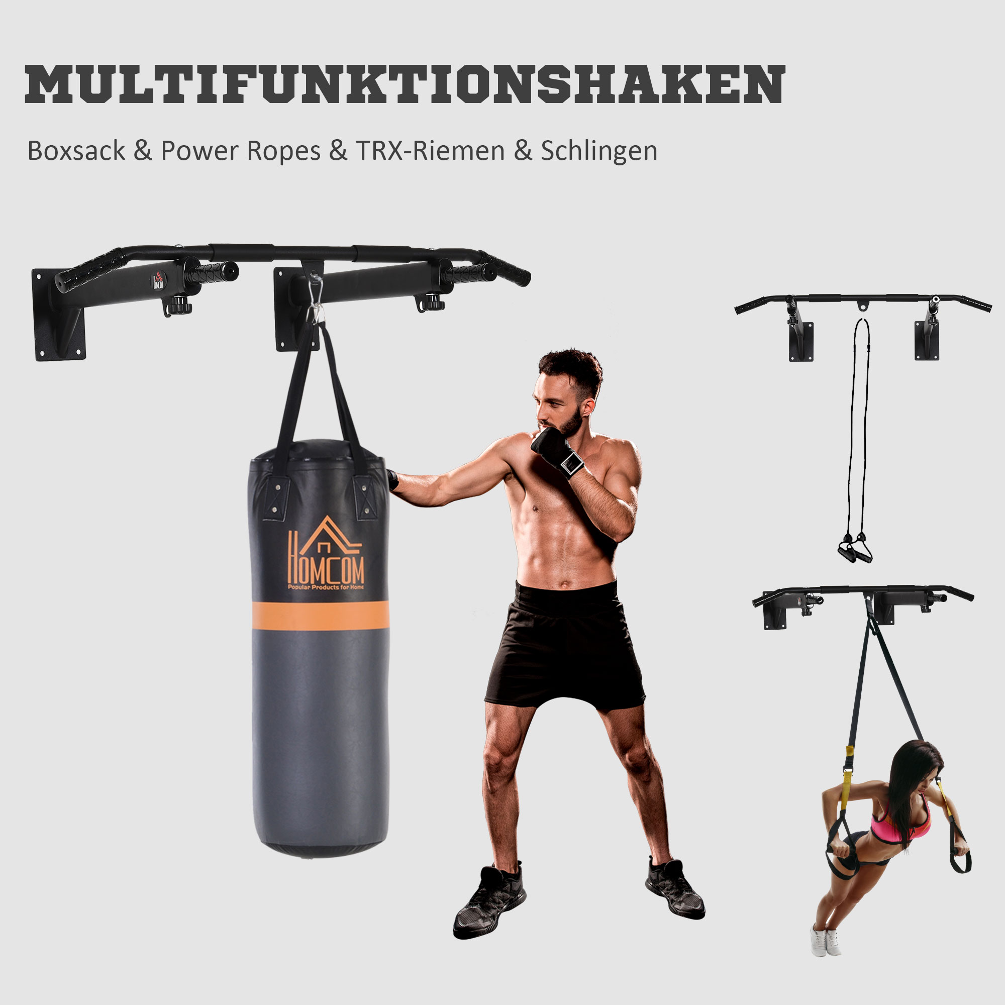 Klimmzugstange zur Wandmontage oder Deckenmontage bis 150 kg belastbar, Multifunktionale Pull Up Bar mit rutschfest Griffe, Ösen sicher stabil Klimmzug Stange für Fitness Zuhause, Stahl Schwarz