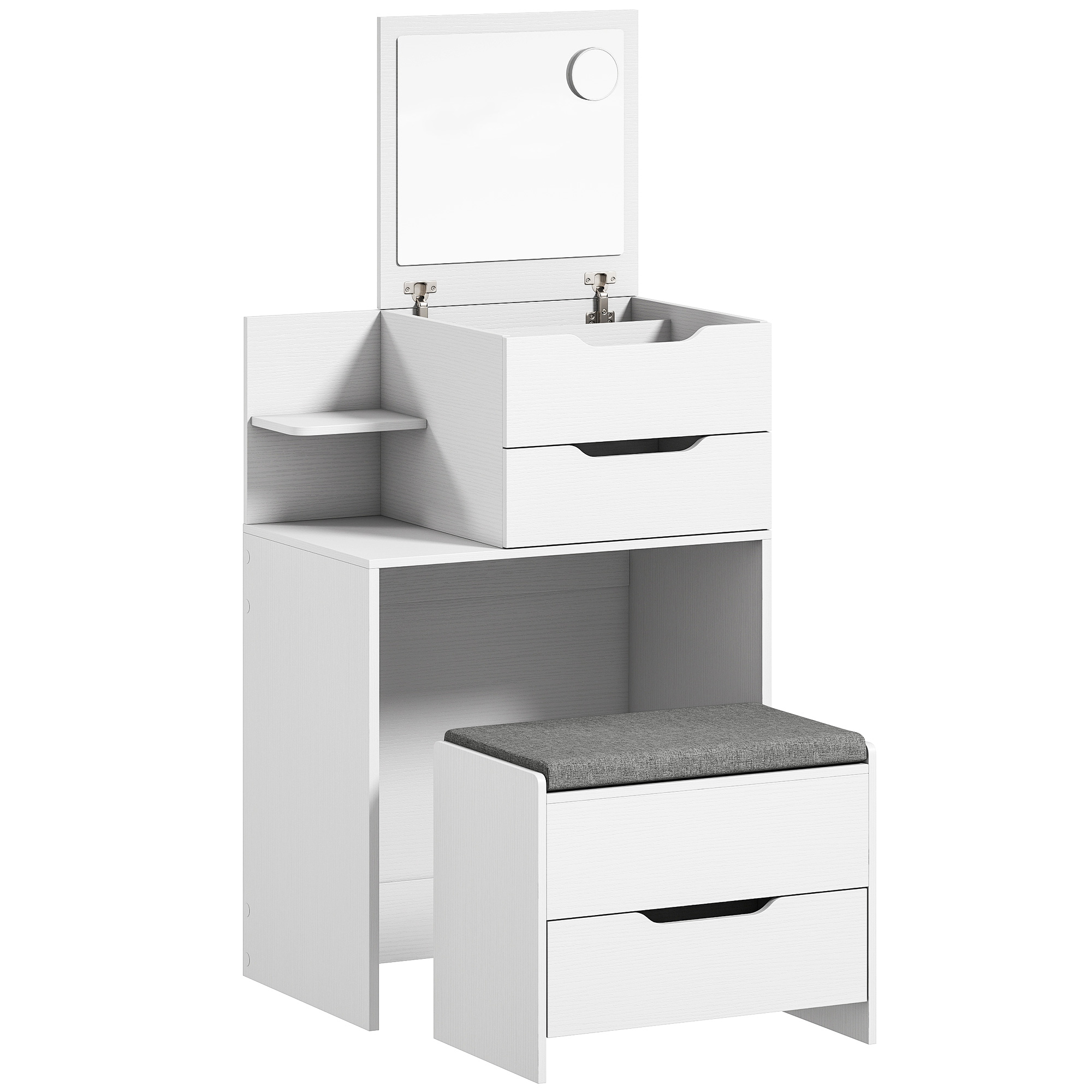 Schminktisch mit Spiegel und Hocker mit Klappspiegel, Kosmetiktisch mit Schubladen, Weiß