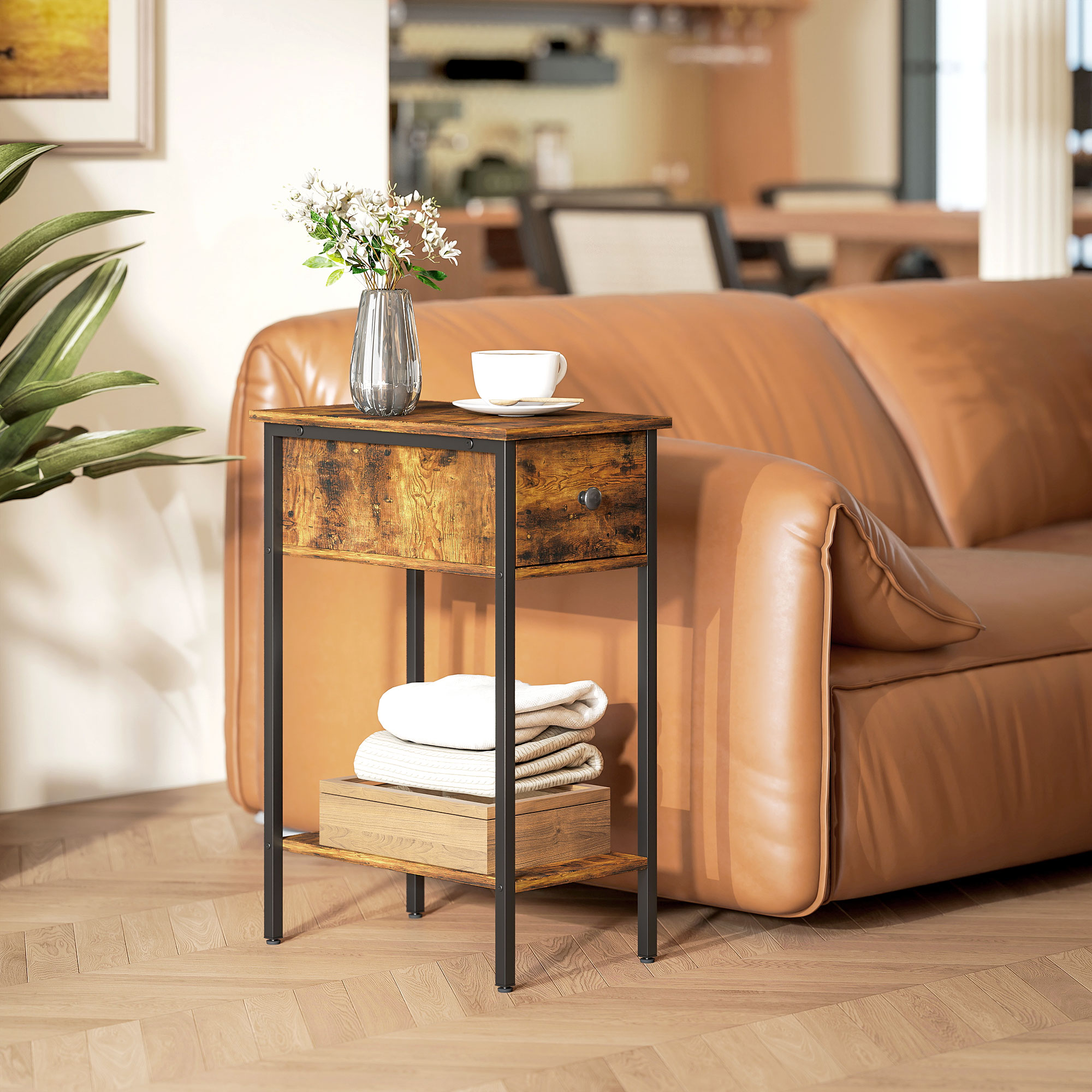 Beistelltisch mit offenem Fach und Schublade, Nachttisch, Metallbeine, Holz, Braun